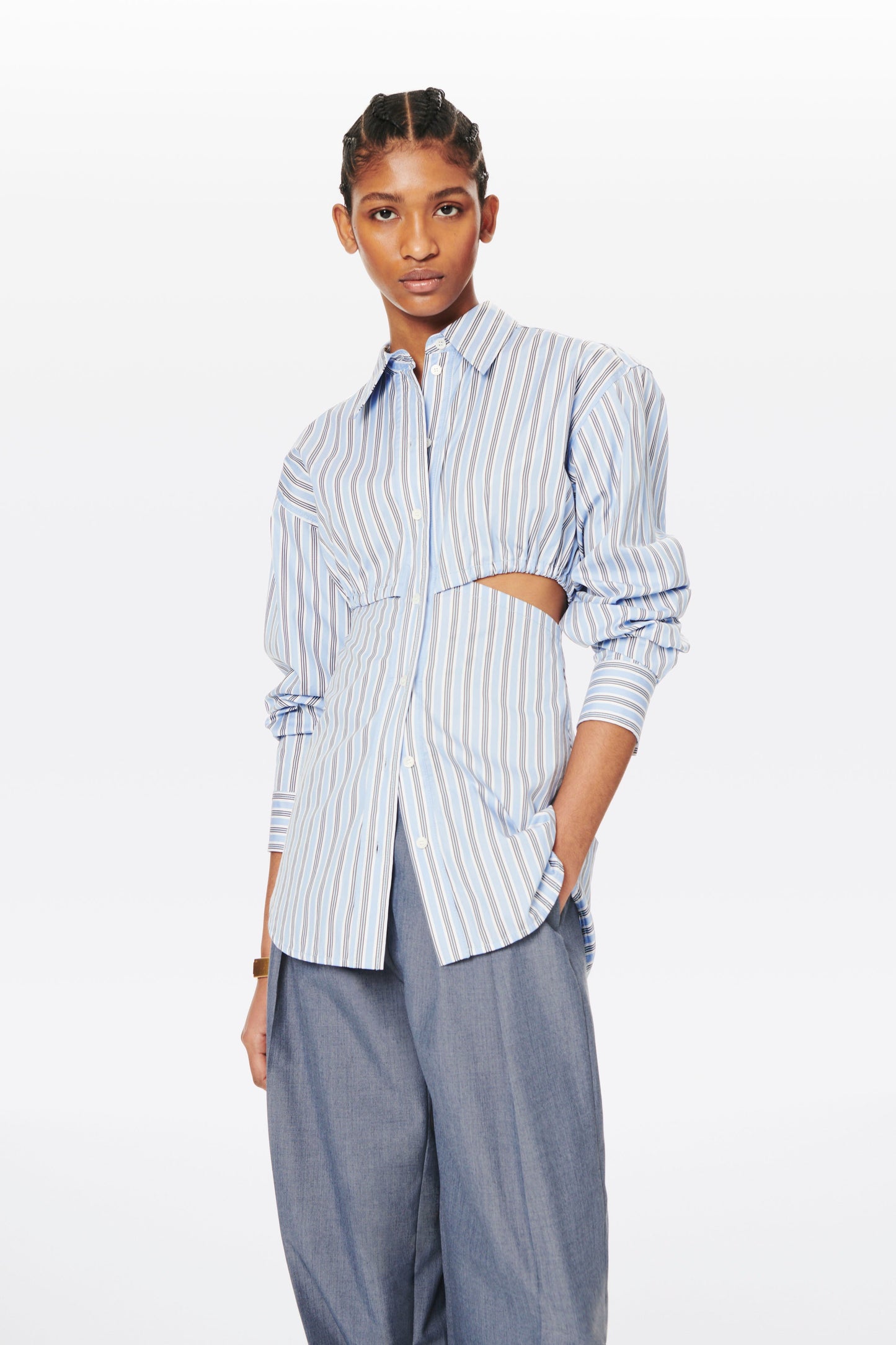 Gathered Cut-Out Shirt in Oxford Blue Stripe