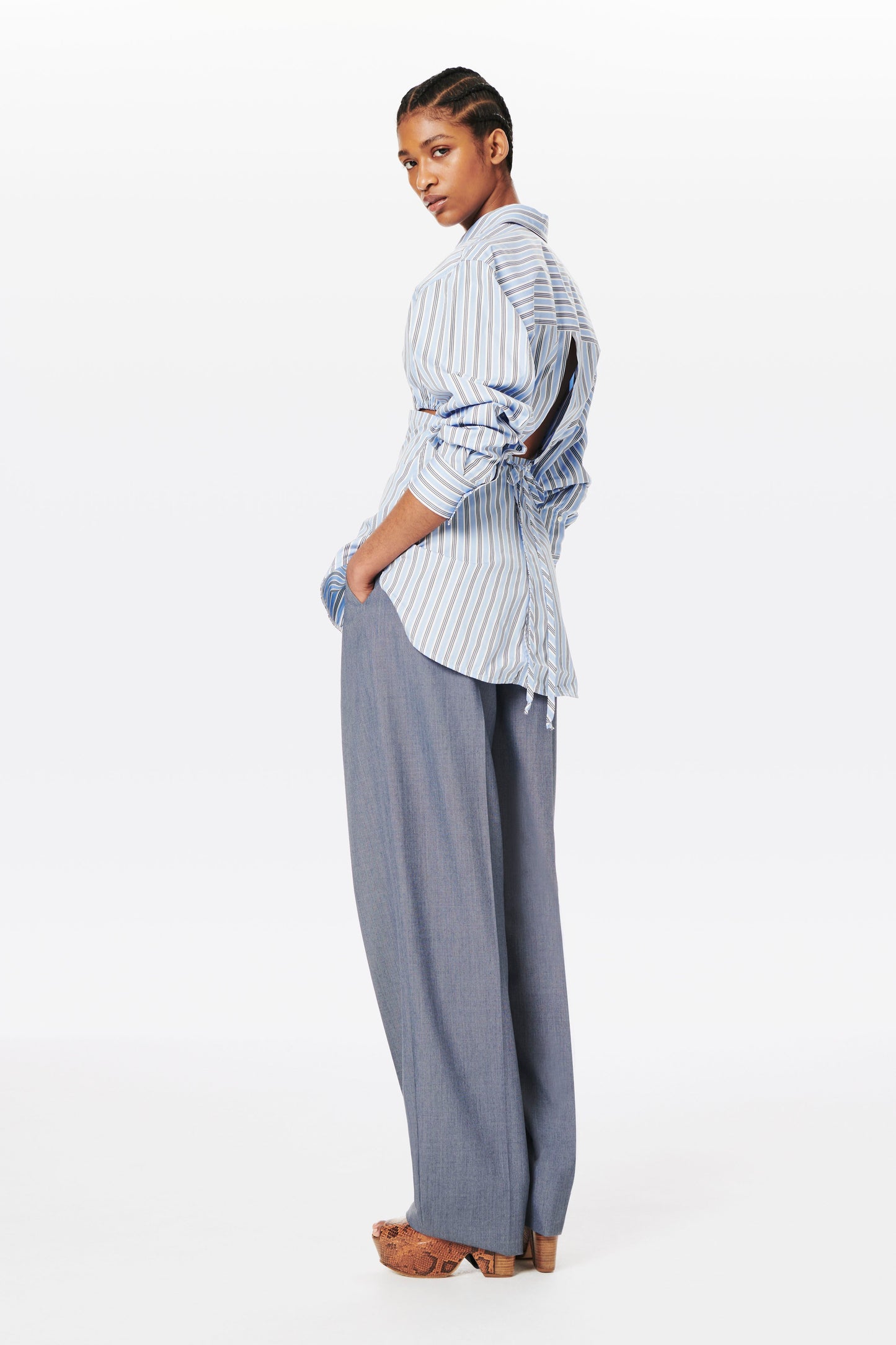 Gathered Cut-Out Shirt in Oxford Blue Stripe