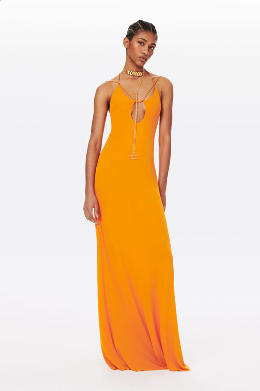 Spaghetti Strap Cut-Out Floor Length Dress in Burnt Orange