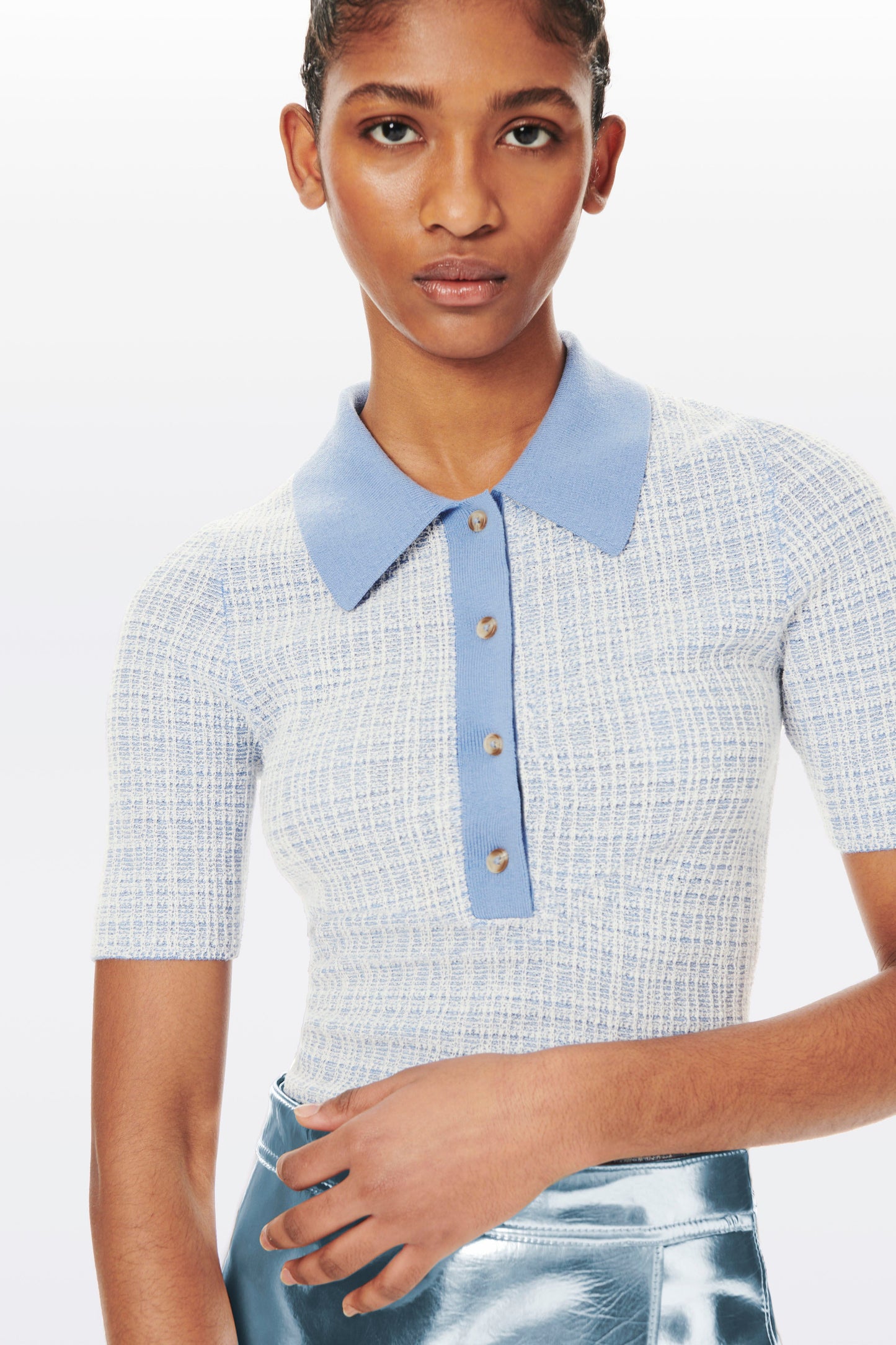 Jacquard Polo Top in Cornflower Blue and White