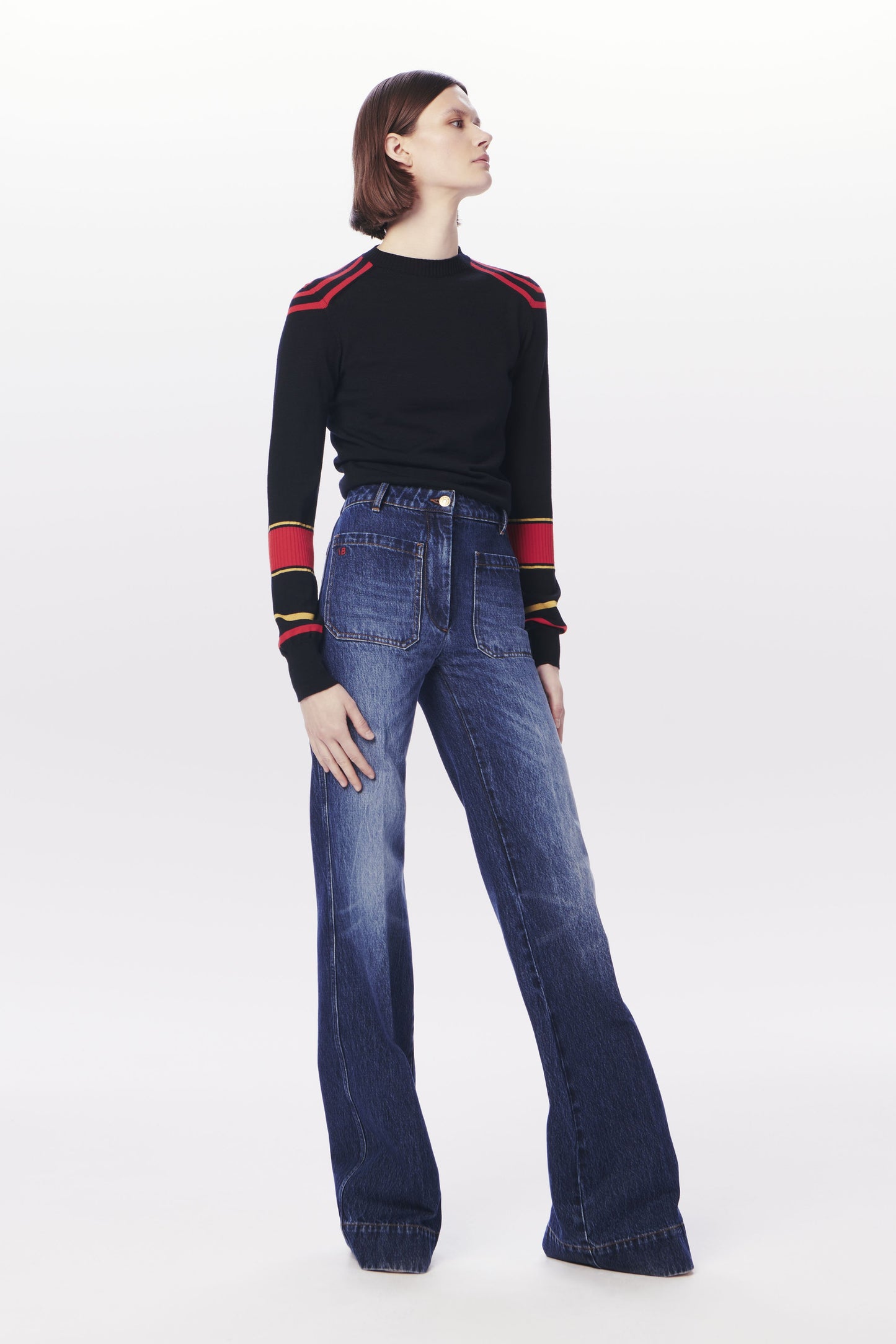 VB x Woolmark Contrast Stripe Jumper in Navy, Mustard & Bright Red