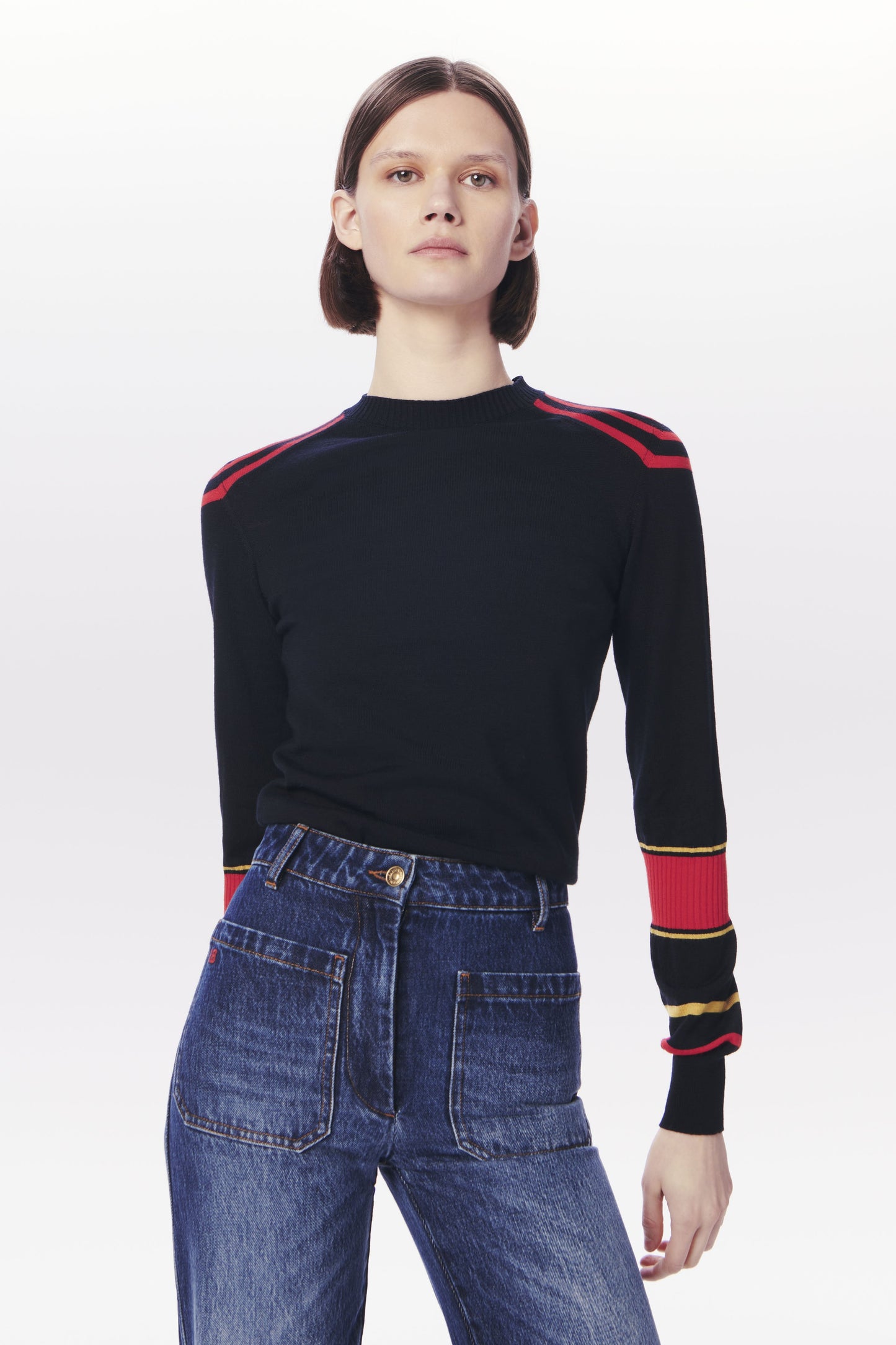 VB x Woolmark Contrast Stripe Jumper in Navy, Mustard & Bright Red