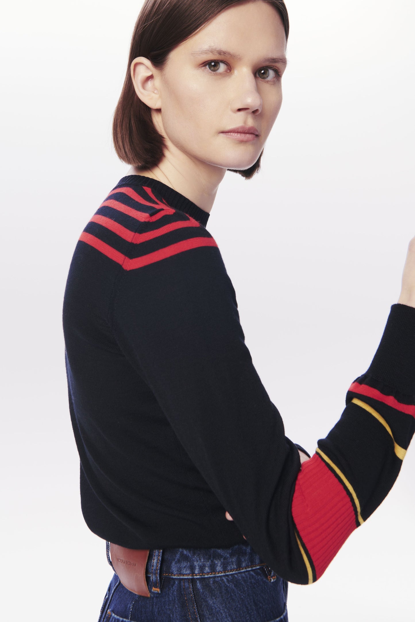 VB x Woolmark Contrast Stripe Jumper in Navy, Mustard & Bright Red