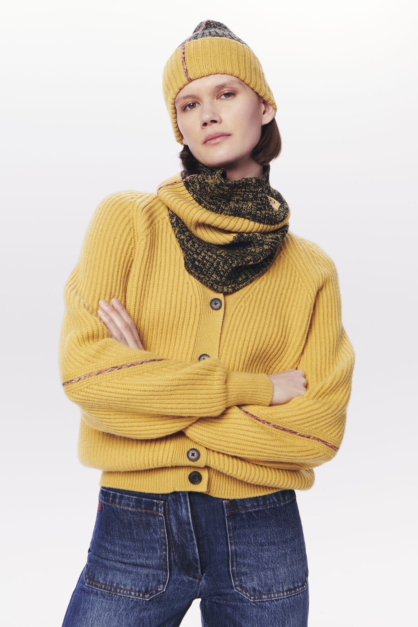 VB x Woolmark Beanie & Snood Set in Navy & Mustard