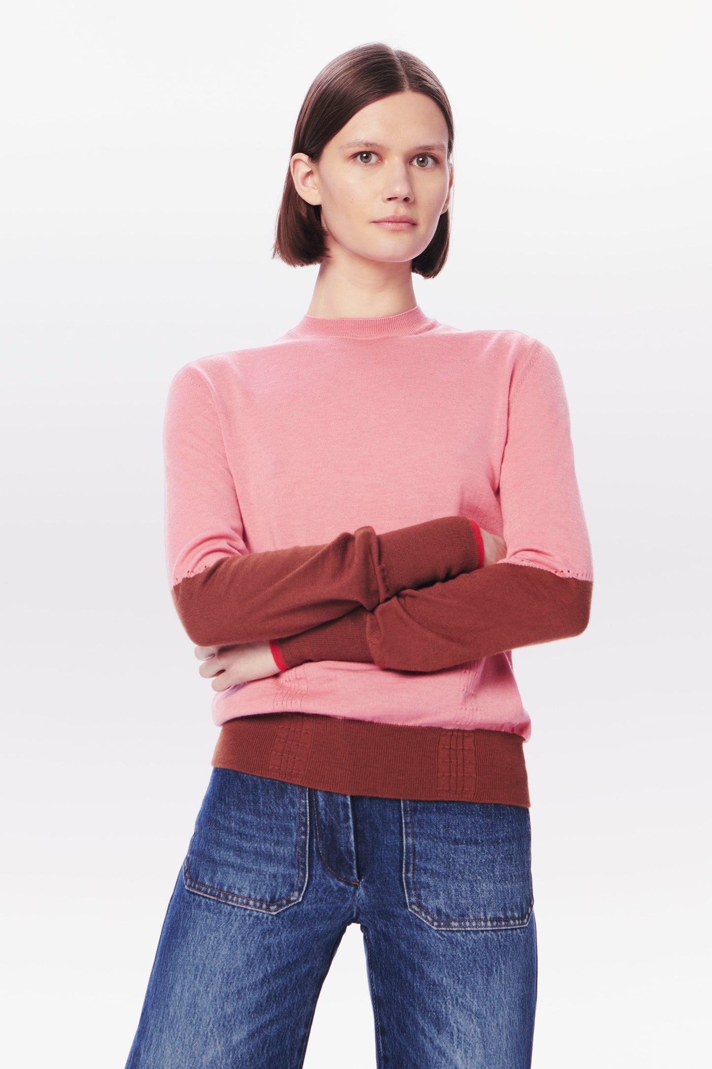 VB x Woolmark Colour Block Jumper in Pink & Dark Camel