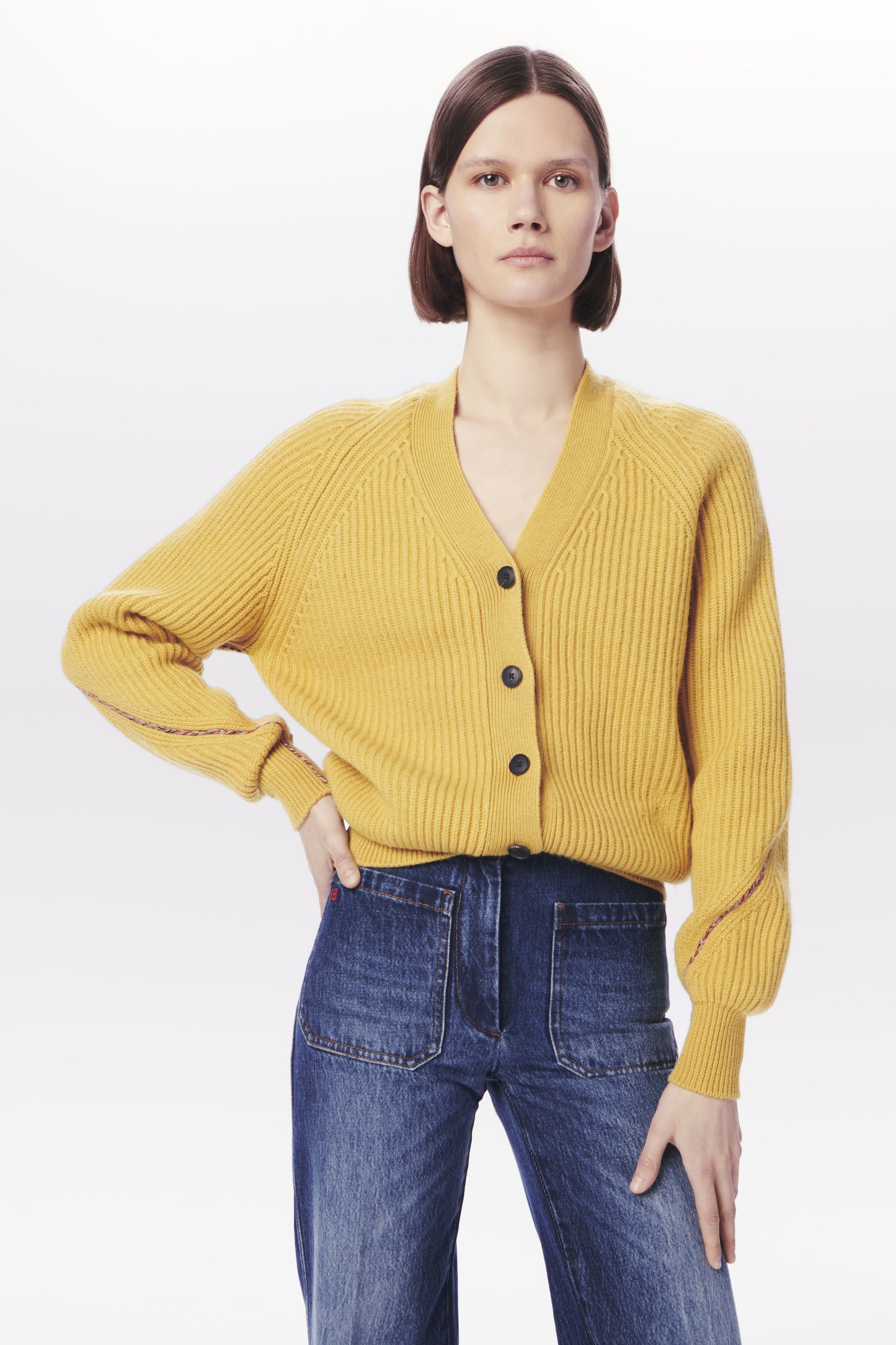 VB x Woolmark Wide Rib V Neck Cardigan in Mustard