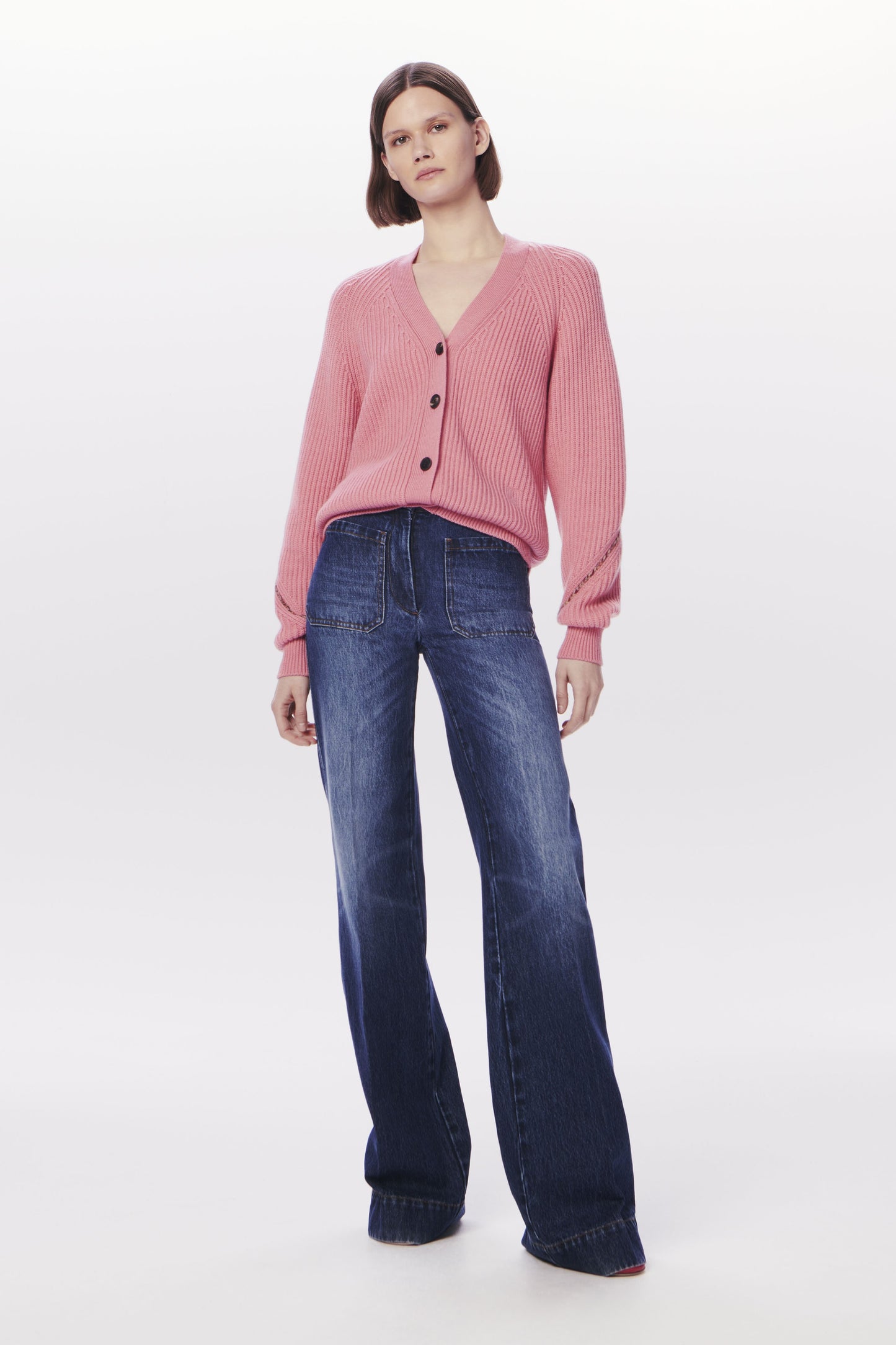 VB x Woolmark Wide Rib V Neck Cardigan in Pink