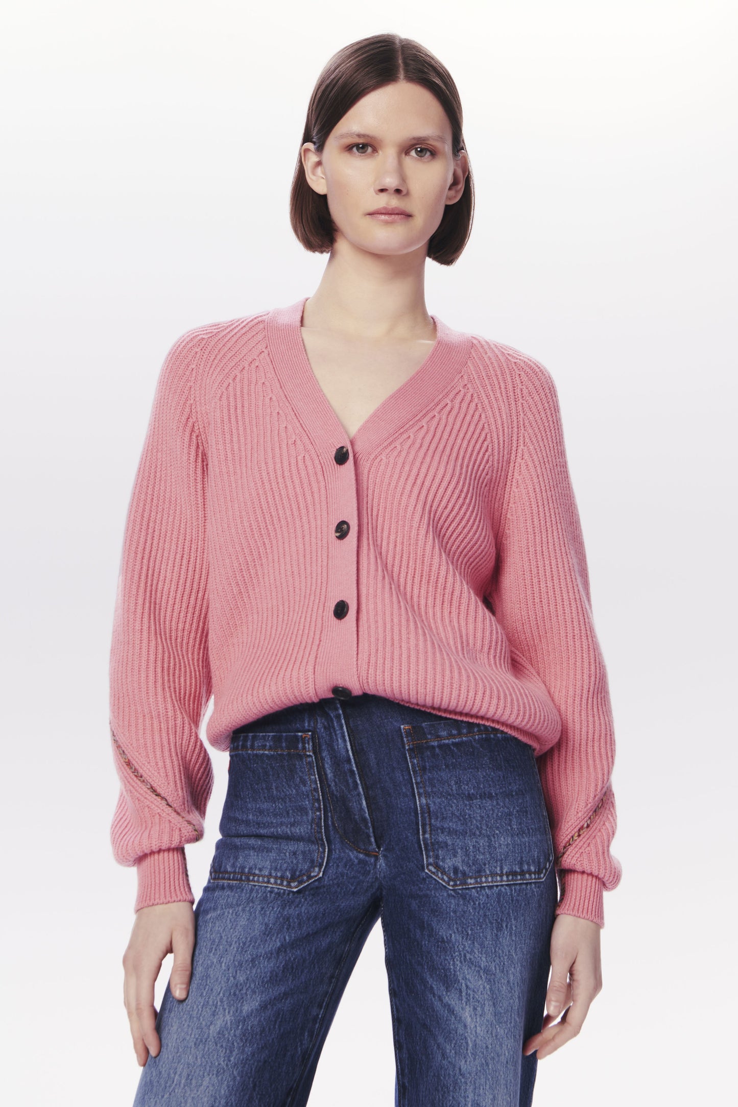 VB x Woolmark Wide Rib V Neck Cardigan in Pink