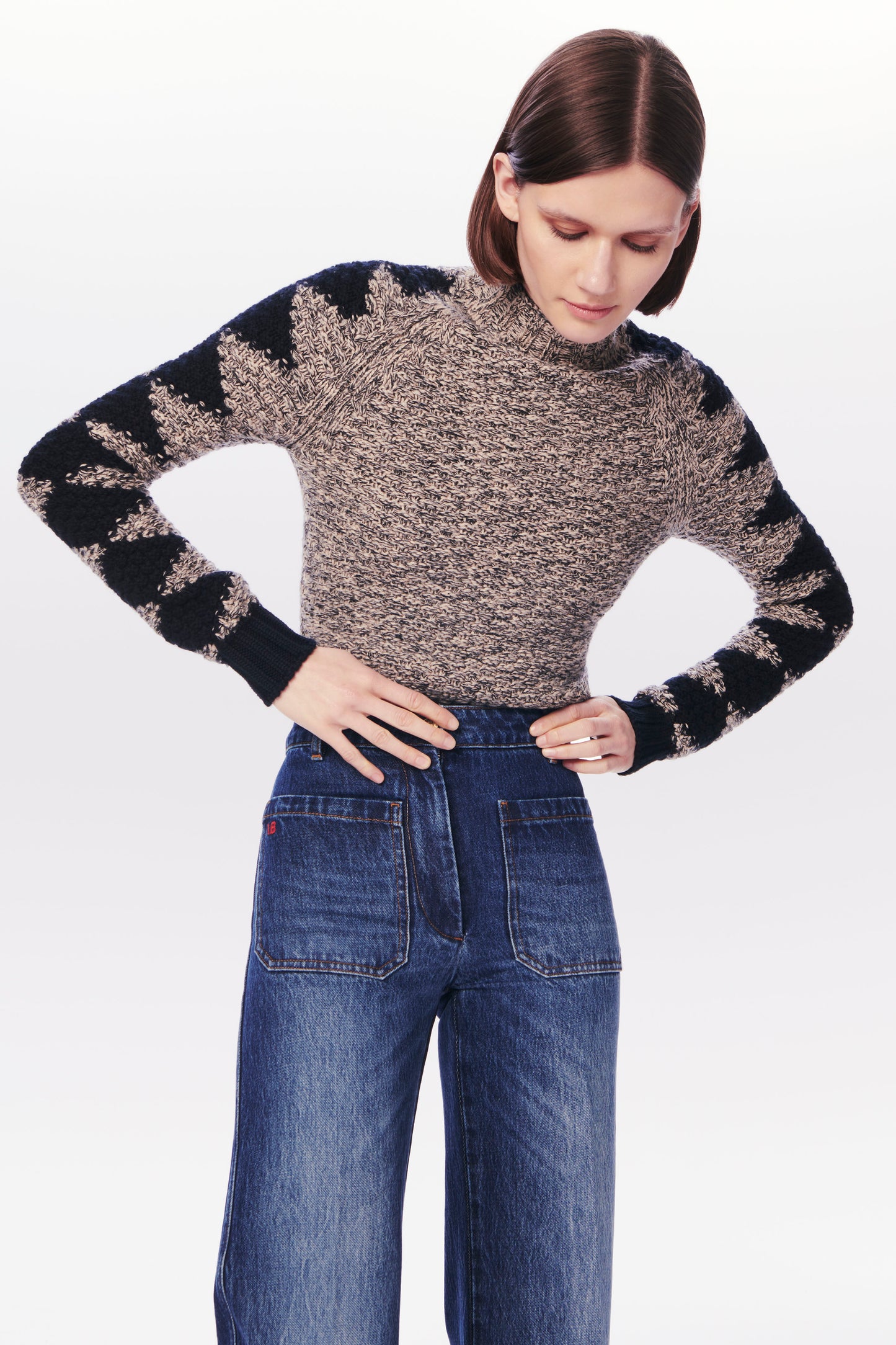 VB x Woolmark Intarsia Detail Jumper in Navy & Honey