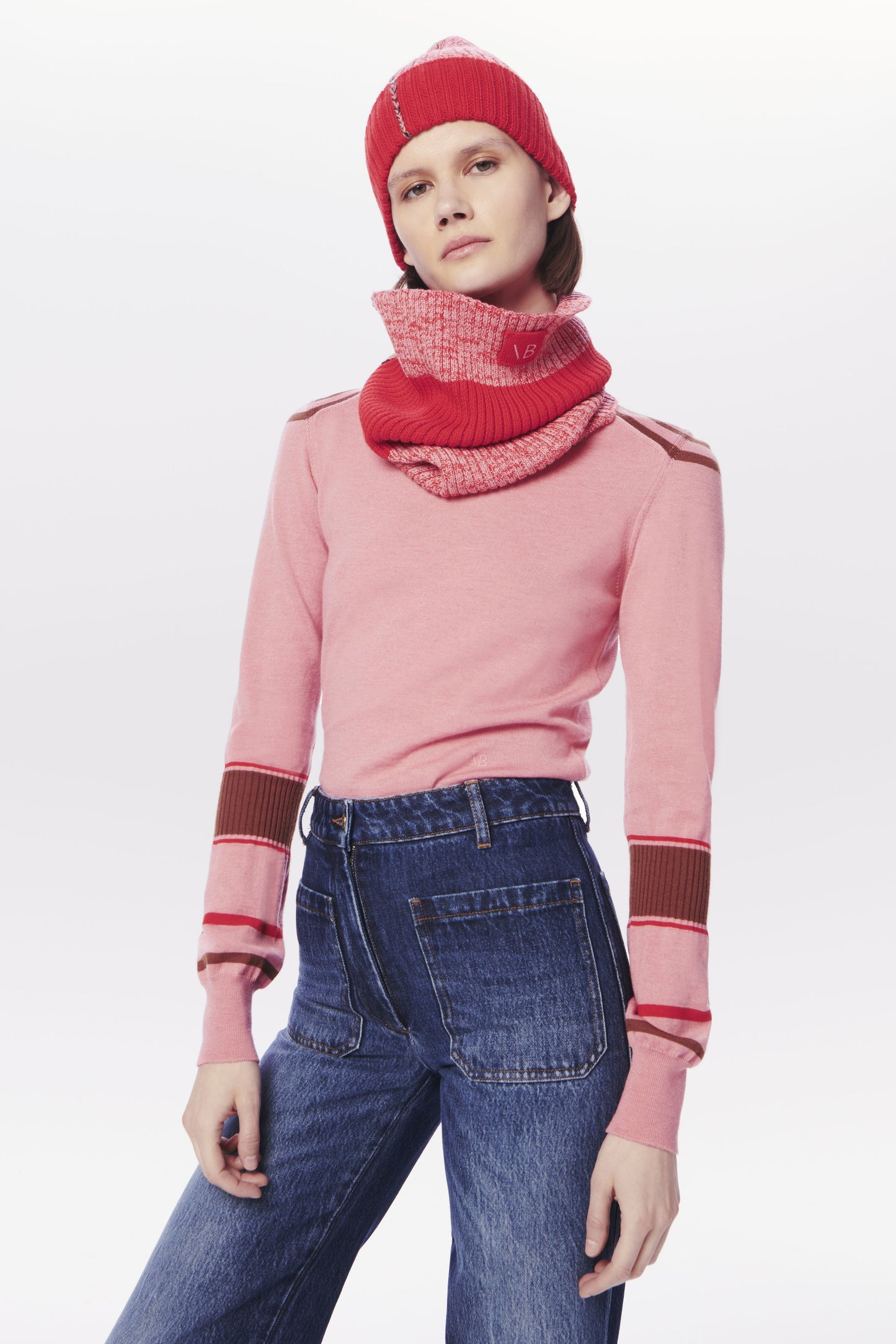 VB x Woolmark Beanie & Snood Set in Bright Red & Pink