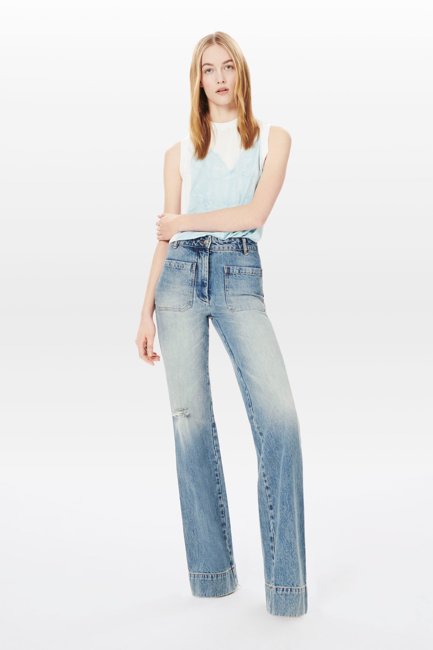 Printed Sleeveless T-shirt in White and Blue
