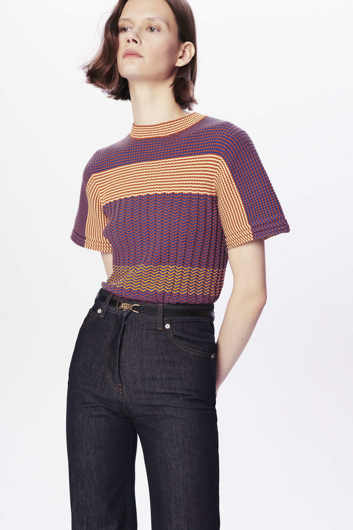 Mini-Stripe Knitted Rib Tee in Ginger and Teal
