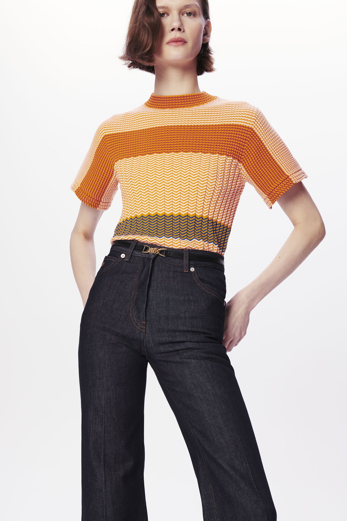 Mini-Stripe Knitted Rib Tee in Orange and Ecru