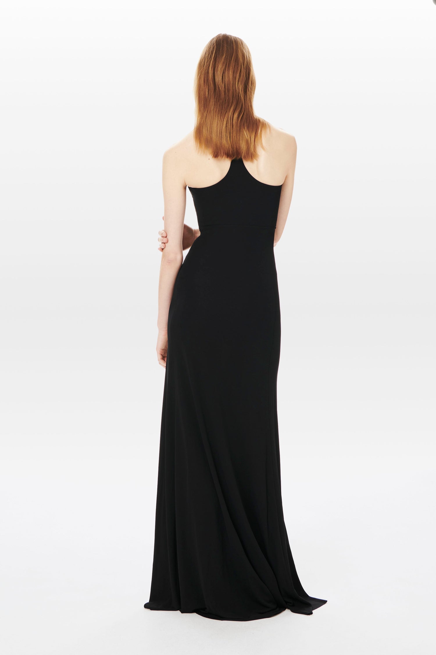 A person with shoulder-length hair is seen from the back, wearing a Halter Floor-Length Dress in Black by Victoria Beckham made from sustainable viscose yarns against a plain white background.