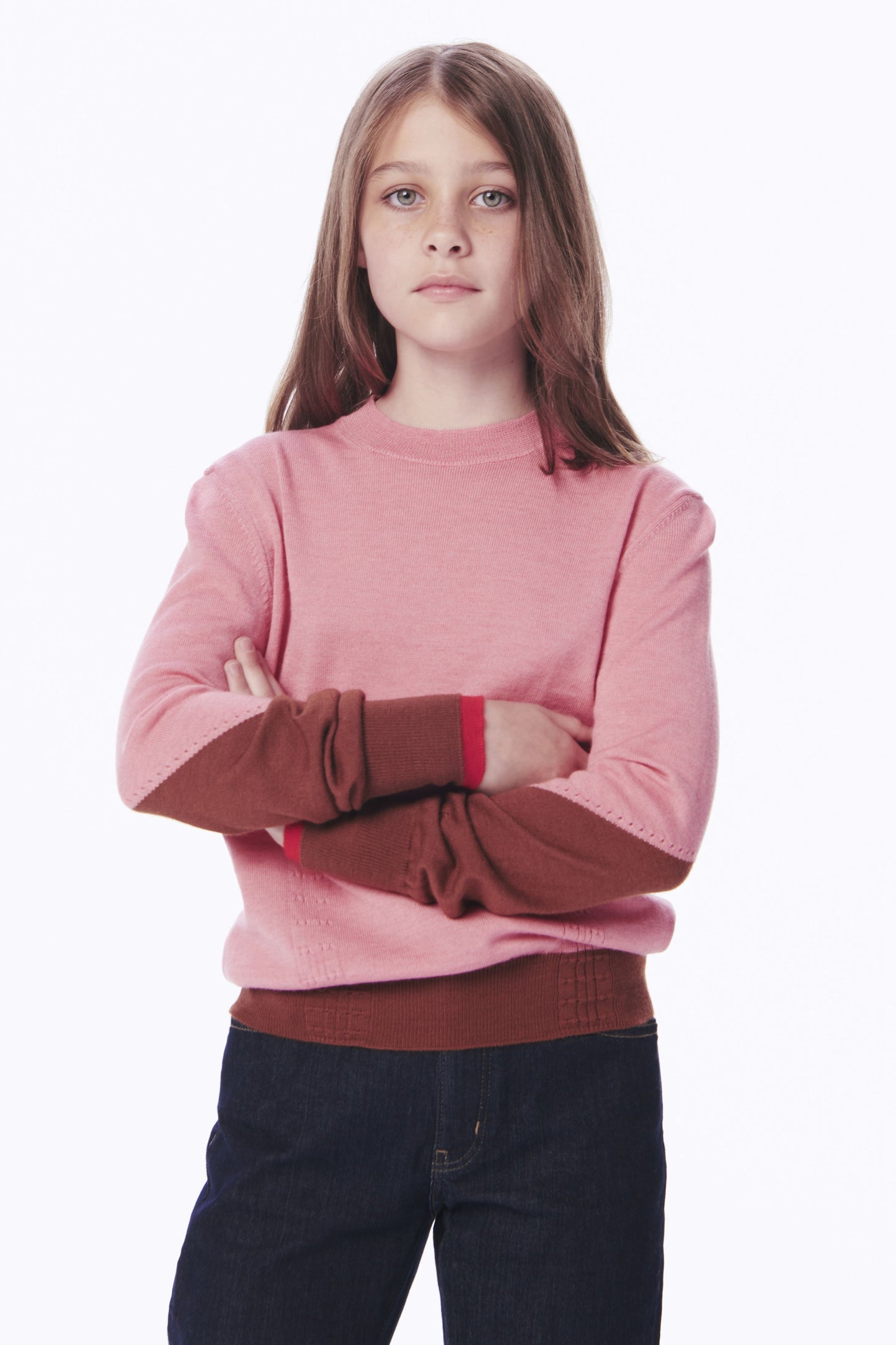 VB x Woolmark Mini Colour Block Jumper in Pink & Dark Camel
