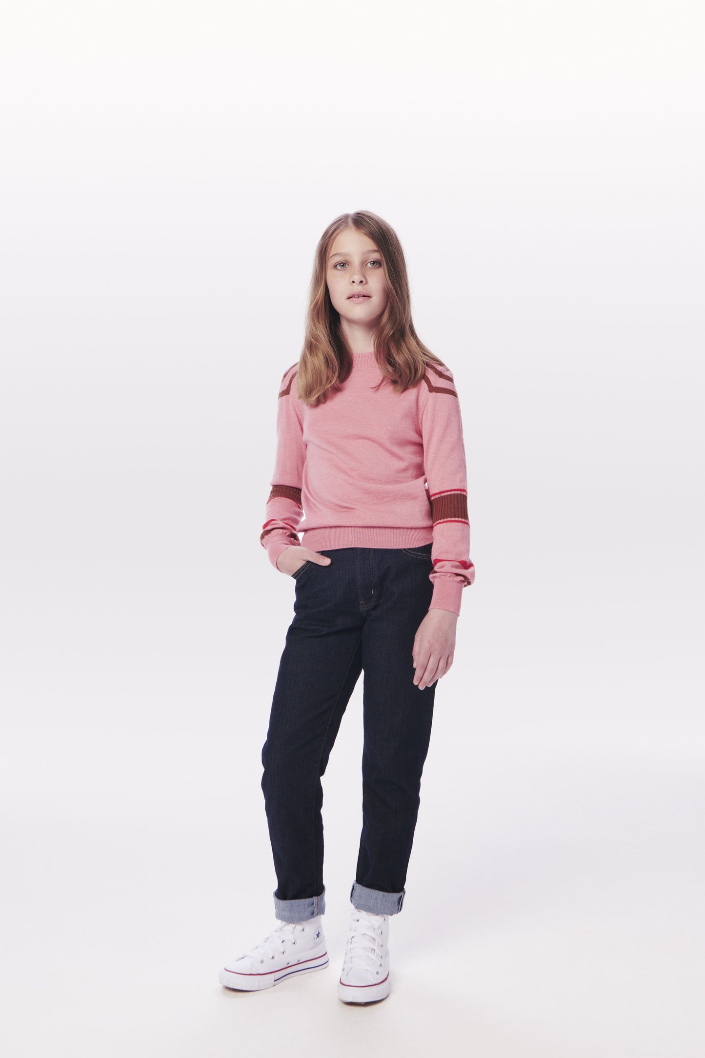 VB x Woolmark Mini Contrast Stripe Jumper in Pink, Red & Camel