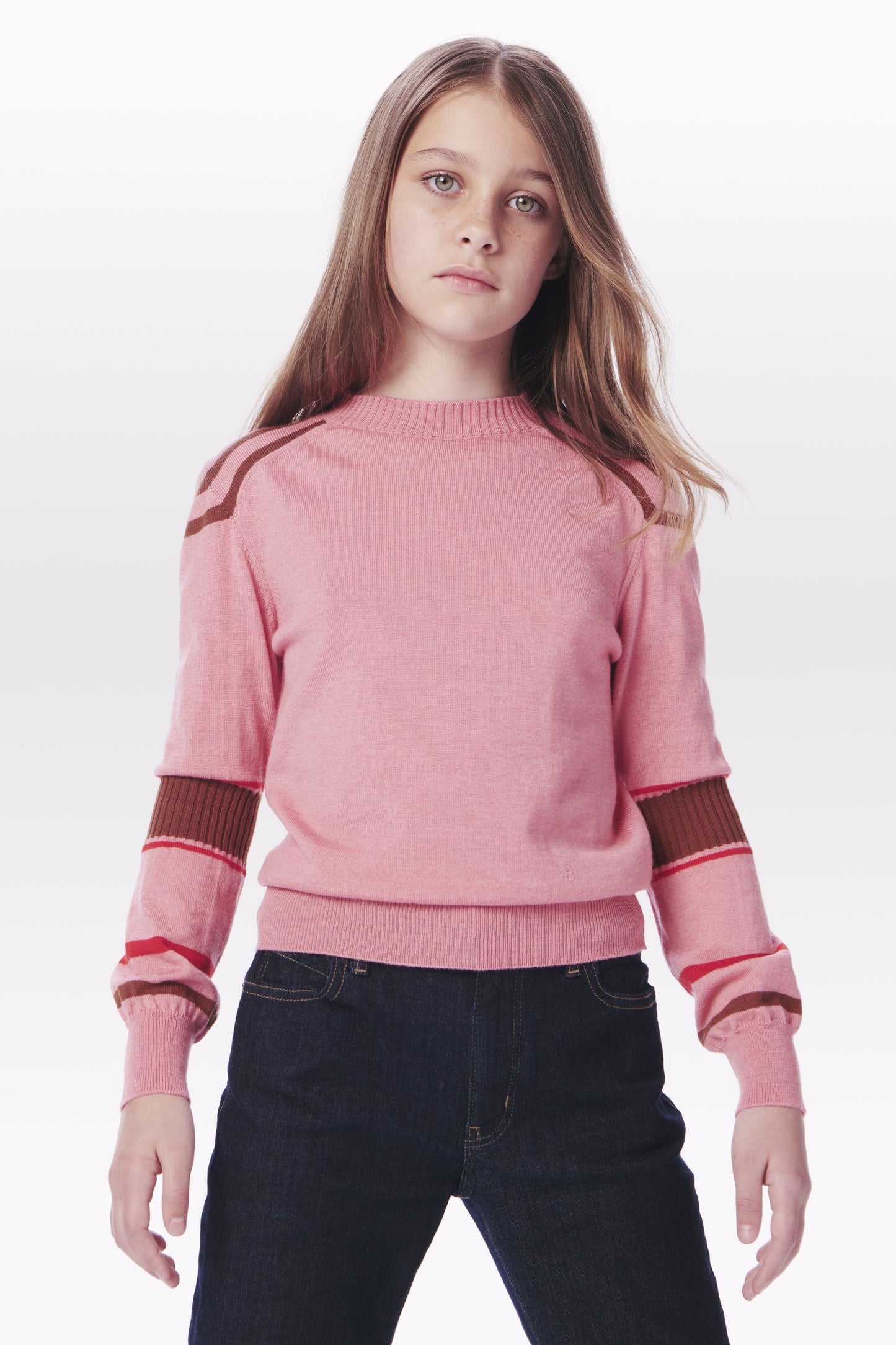 VB x Woolmark Mini Contrast Stripe Jumper in Pink, Red & Camel