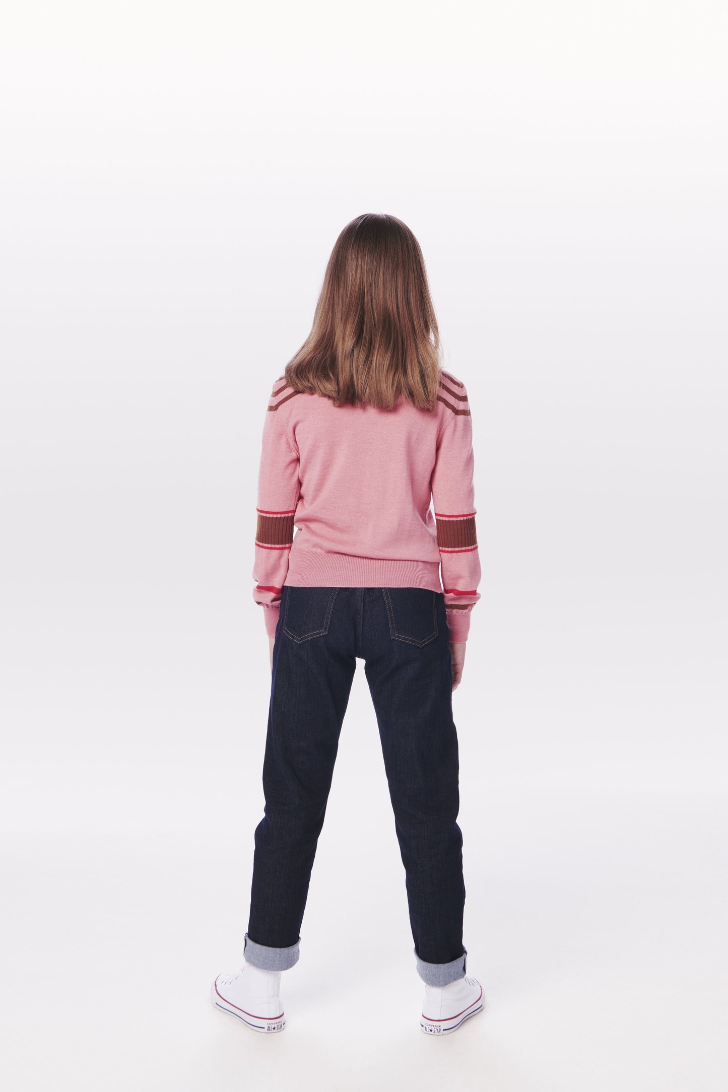 VB x Woolmark Mini Contrast Stripe Jumper in Pink, Red & Camel