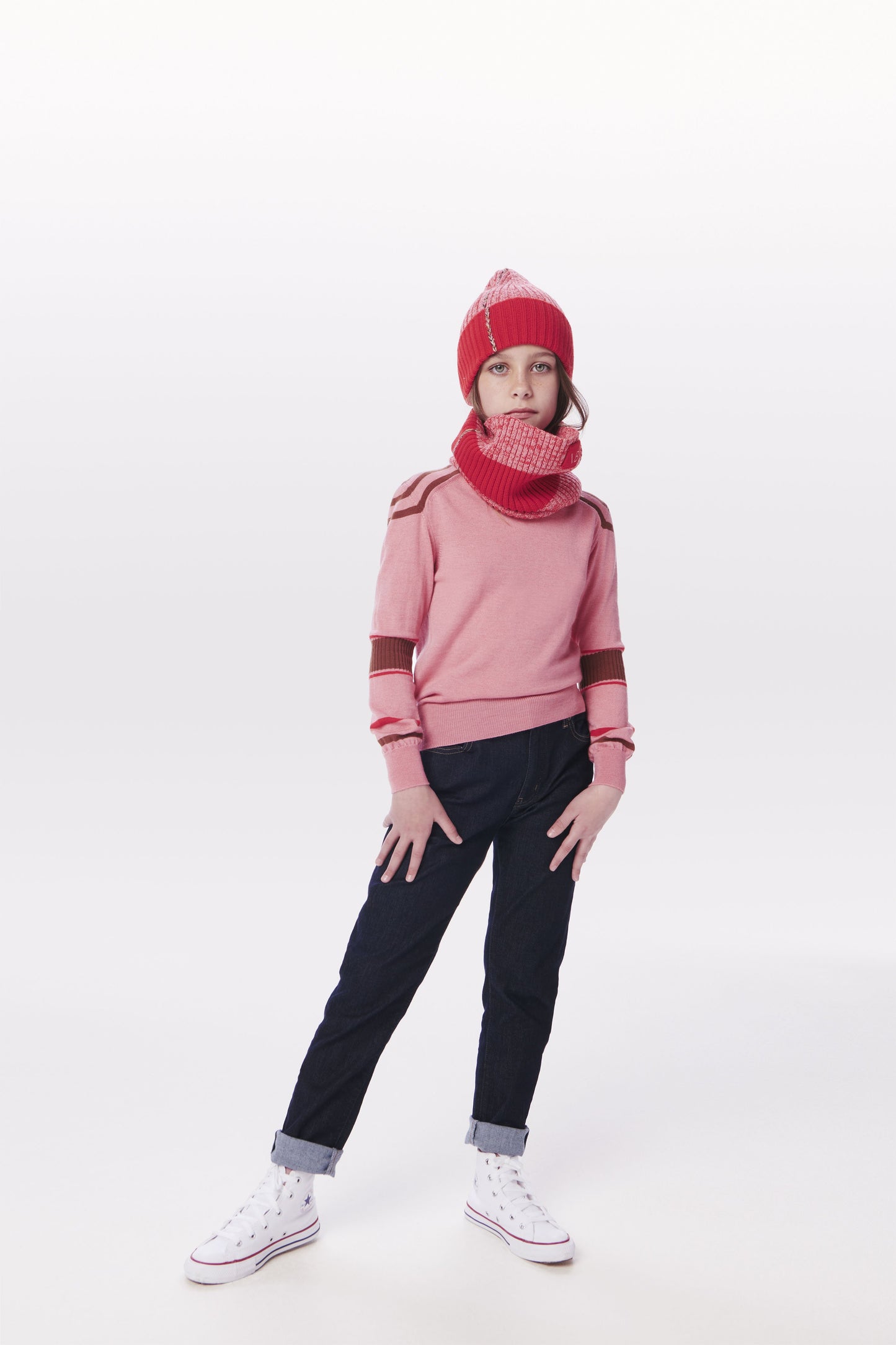 VB x Woolmark Mini Beanie & Snood Set in Bright Red & Pink