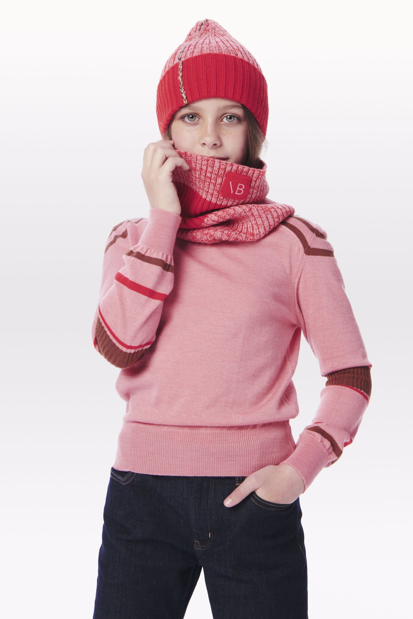 VB x Woolmark Mini Beanie & Snood Set in Bright Red & Pink