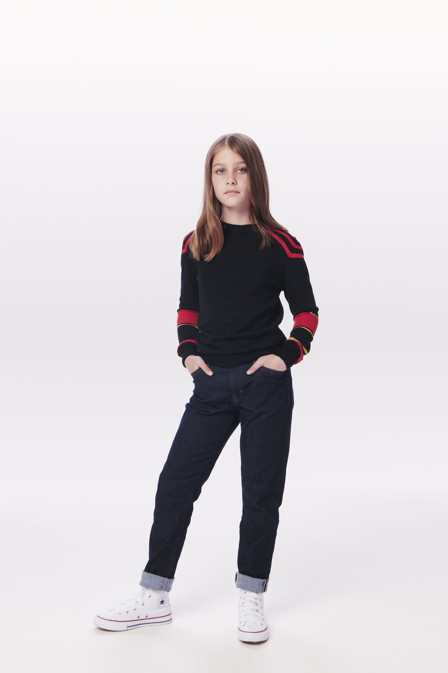 VB x Woolmark Mini Contrast Stripe Jumper in Navy, Mustard & Bright Red