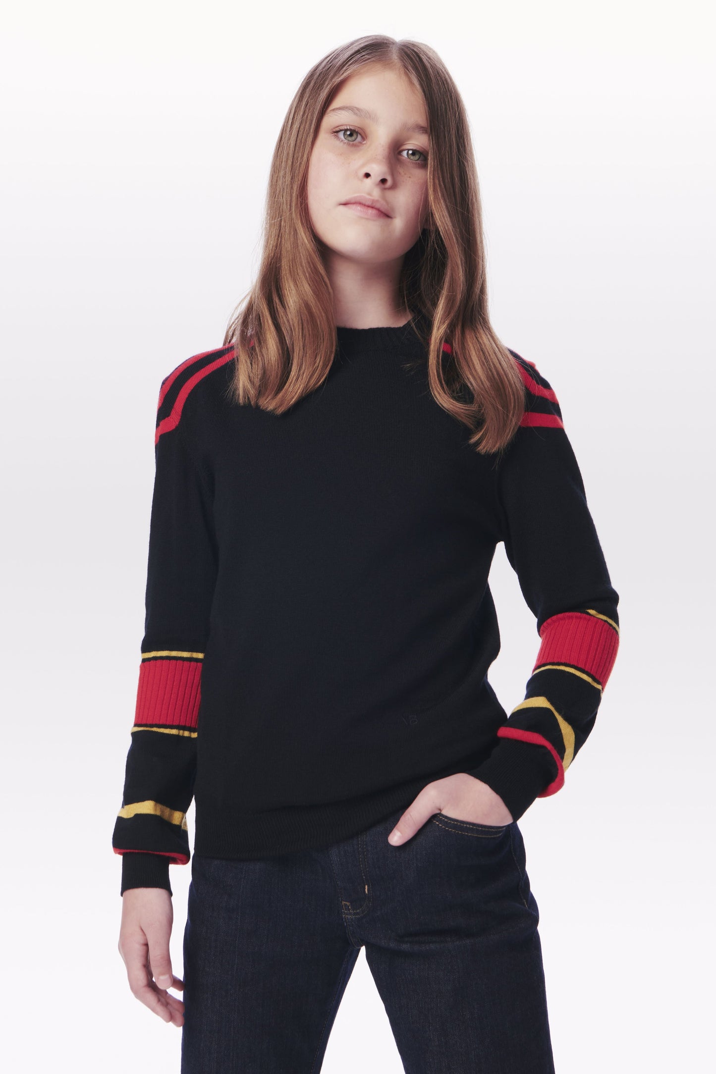 VB x Woolmark Mini Contrast Stripe Jumper in Navy, Mustard & Bright Red