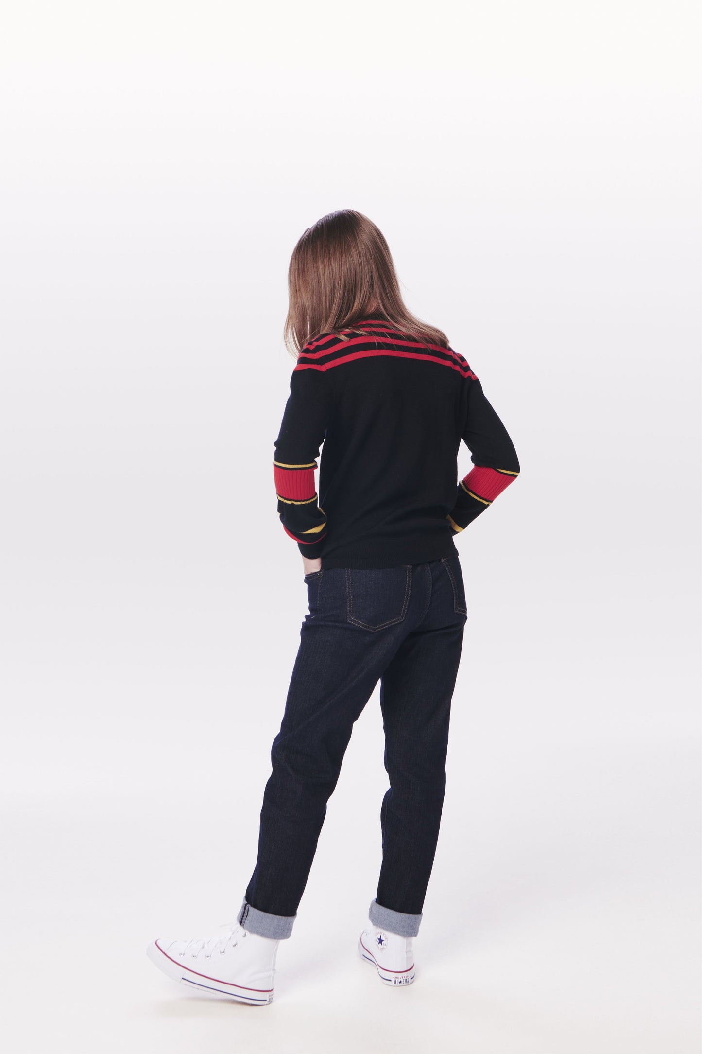 VB x Woolmark Mini Contrast Stripe Jumper in Navy, Mustard & Bright Red