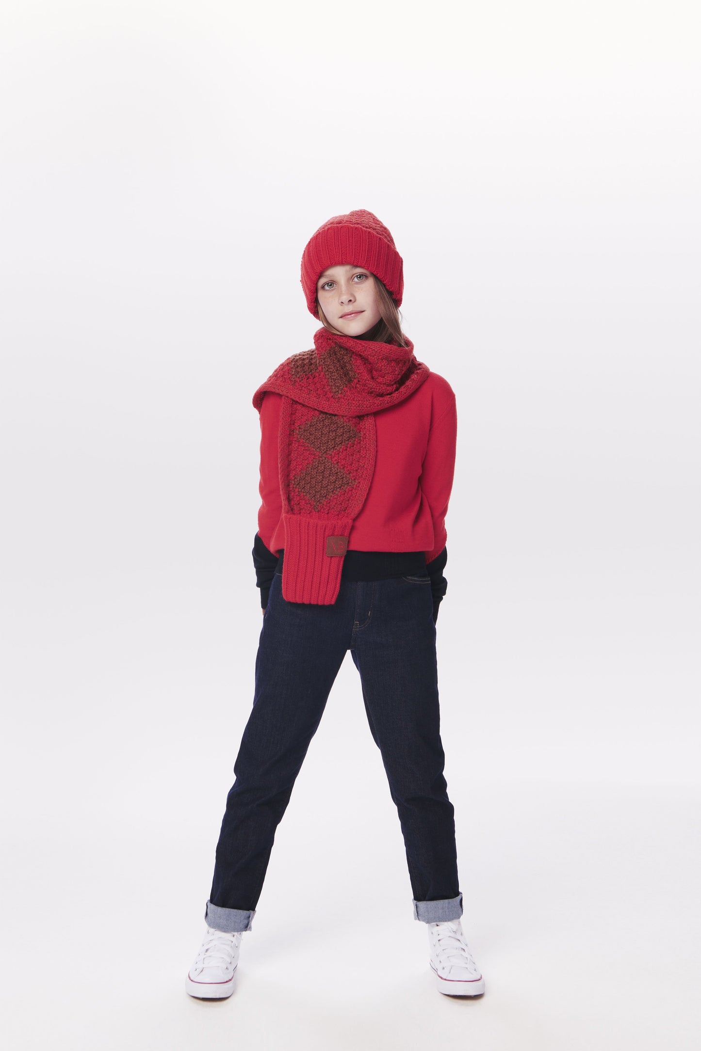 VB x Woolmark Mini Intarsia Beanie & Scarf Set in Bright Red & Camel