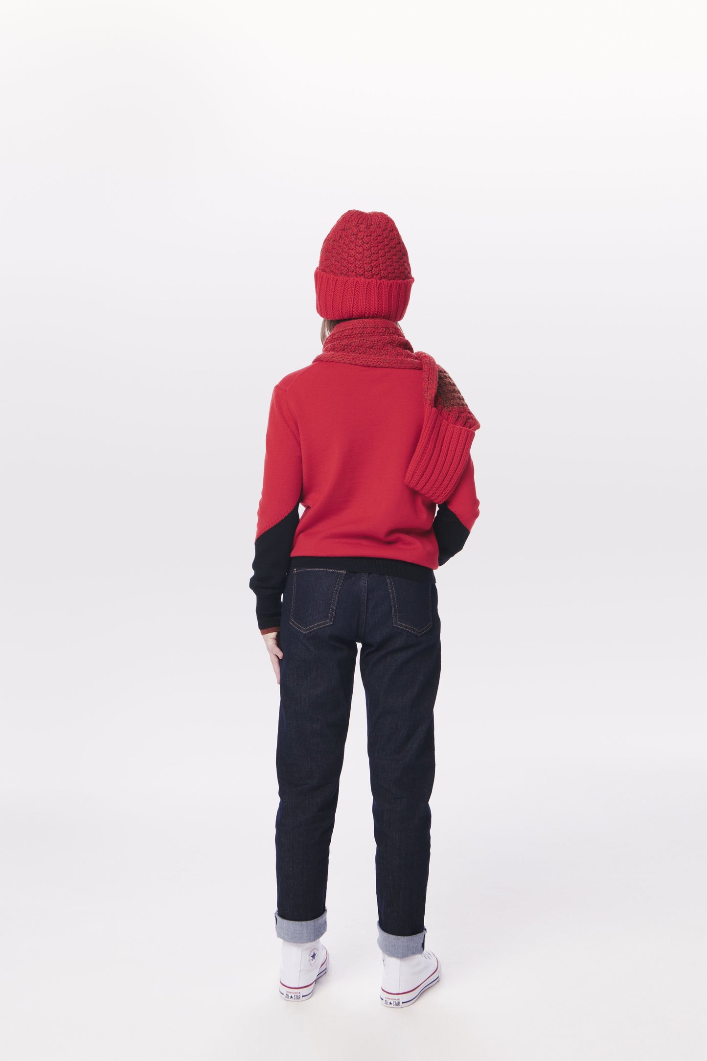 VB x Woolmark Mini Intarsia Beanie & Scarf Set in Bright Red & Camel