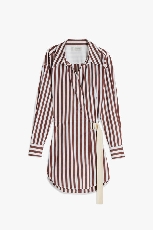 Wrap Shirt Dress in Brown and White