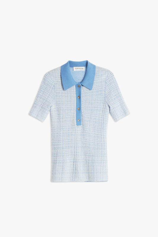 Jacquard Polo Top in Cornflower Blue and White