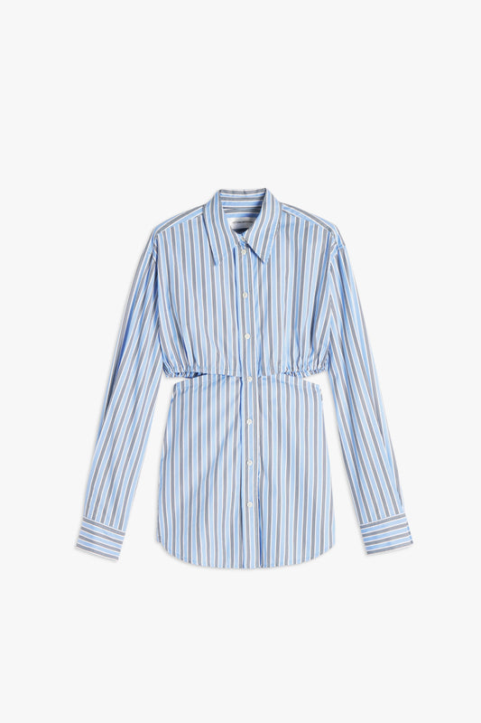 Gathered Cut-Out Shirt in Oxford Blue Stripe