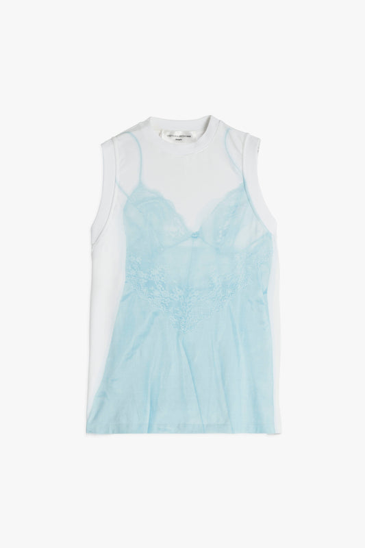Printed Sleeveless T-shirt in White and Blue
