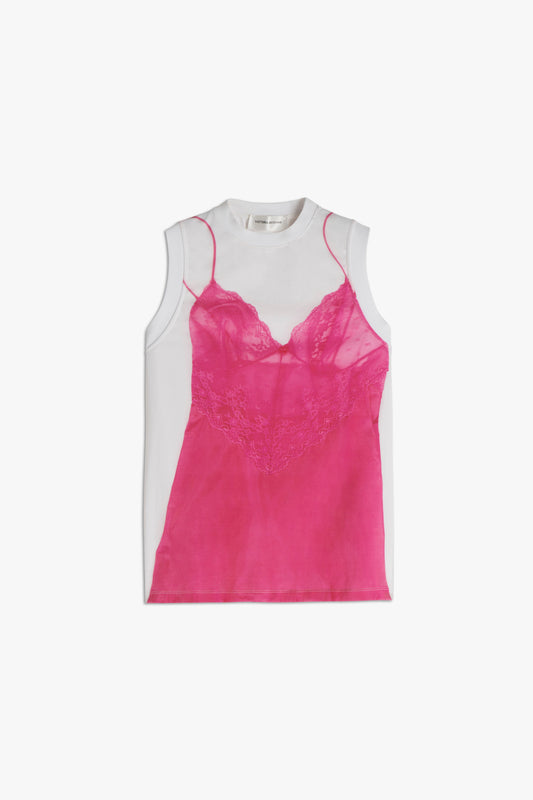 Printed Sleeveless T-shirt in White and Pink
