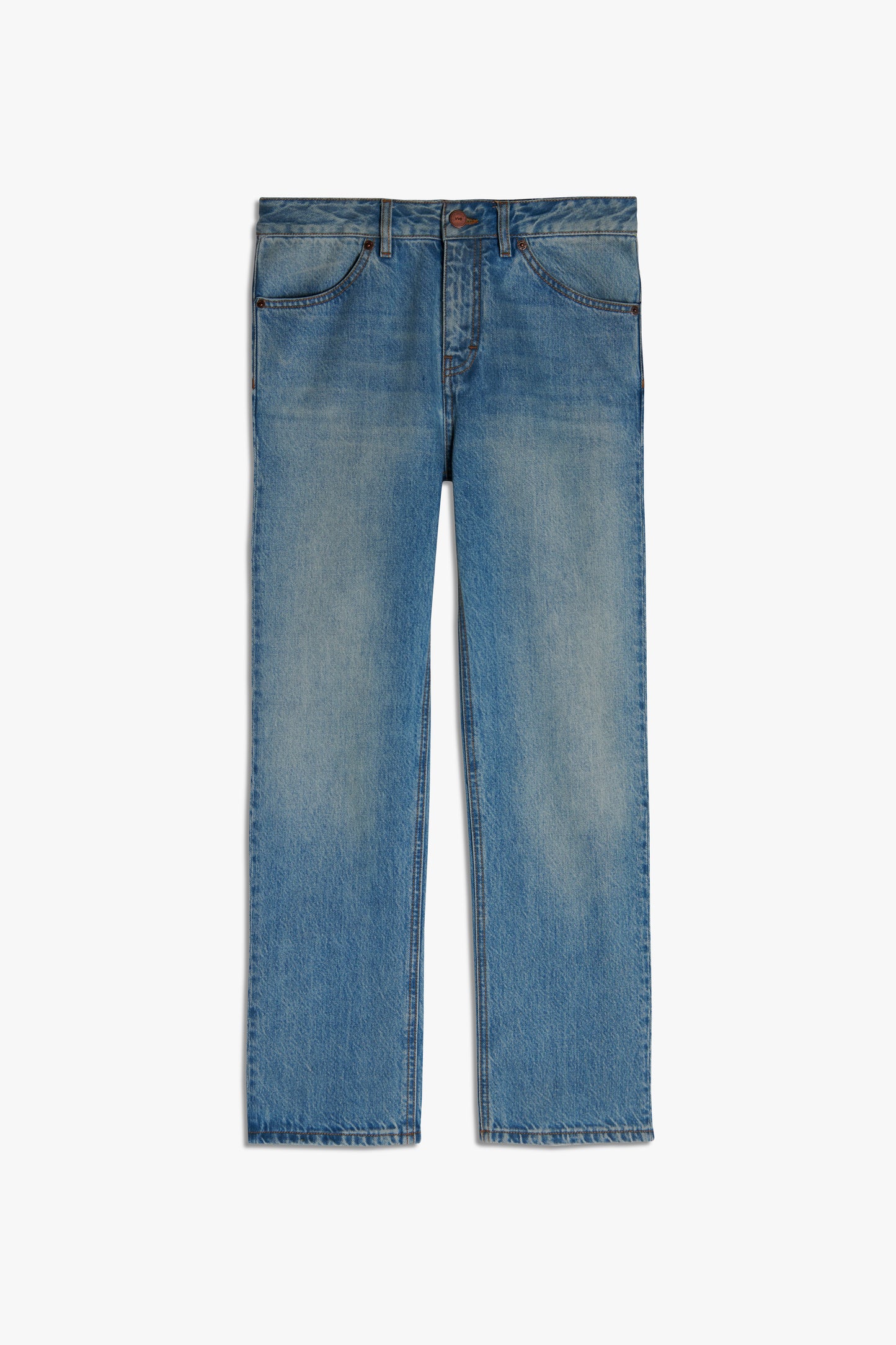 The Cali Jeans in Parisian Blue by Victoria Beckham are cropped straight-leg jeans with a button and zip closure and feature front and back pockets, showcased on a plain background.