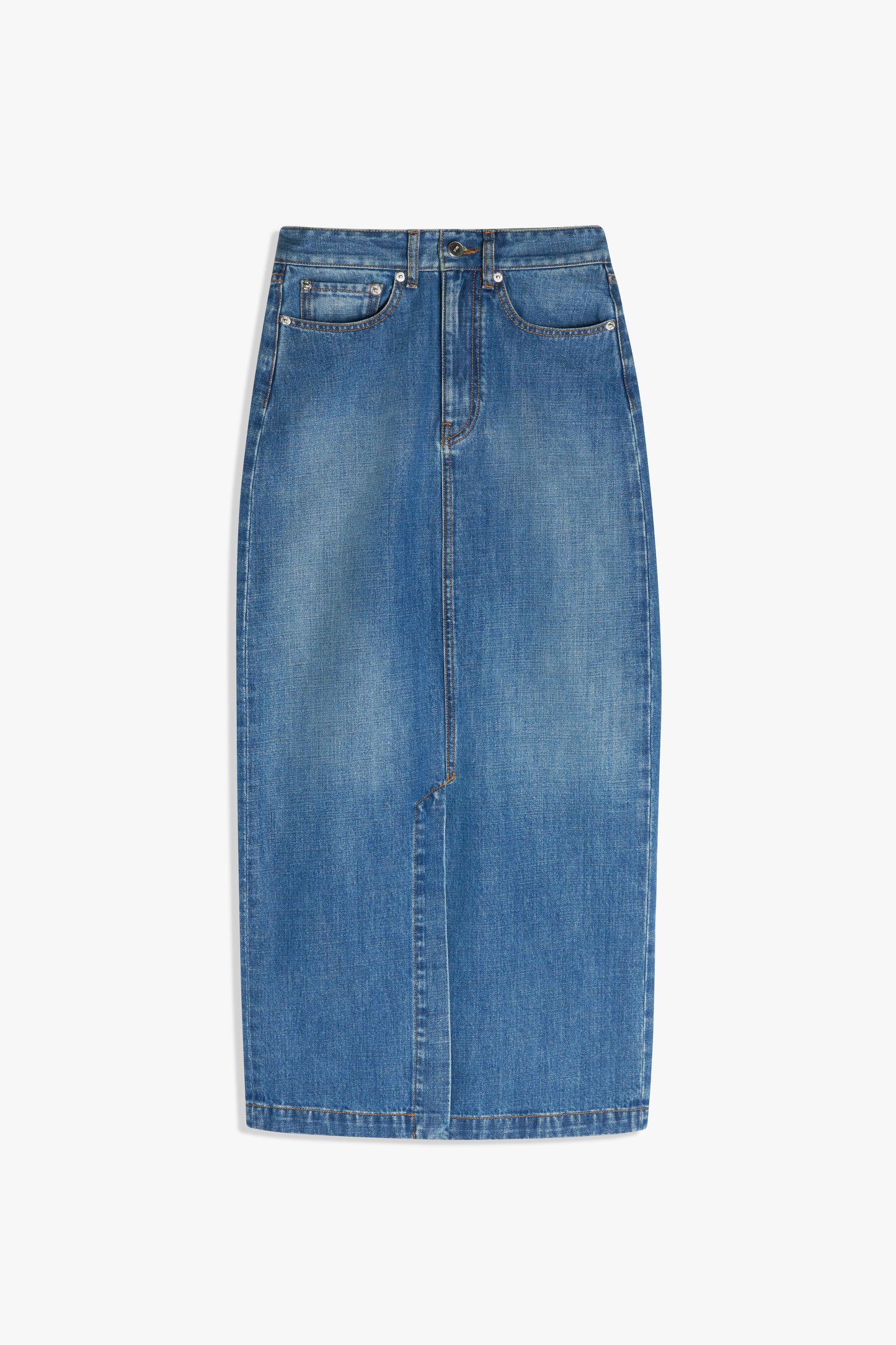 The Victoria Beckham Front Split Denim Midi Skirt in Fresh Blue features classic five-pocket styling and a front seam detail, making it perfect for transitioning from casual daytime looks to evening ensembles, shown laid flat on a white background.