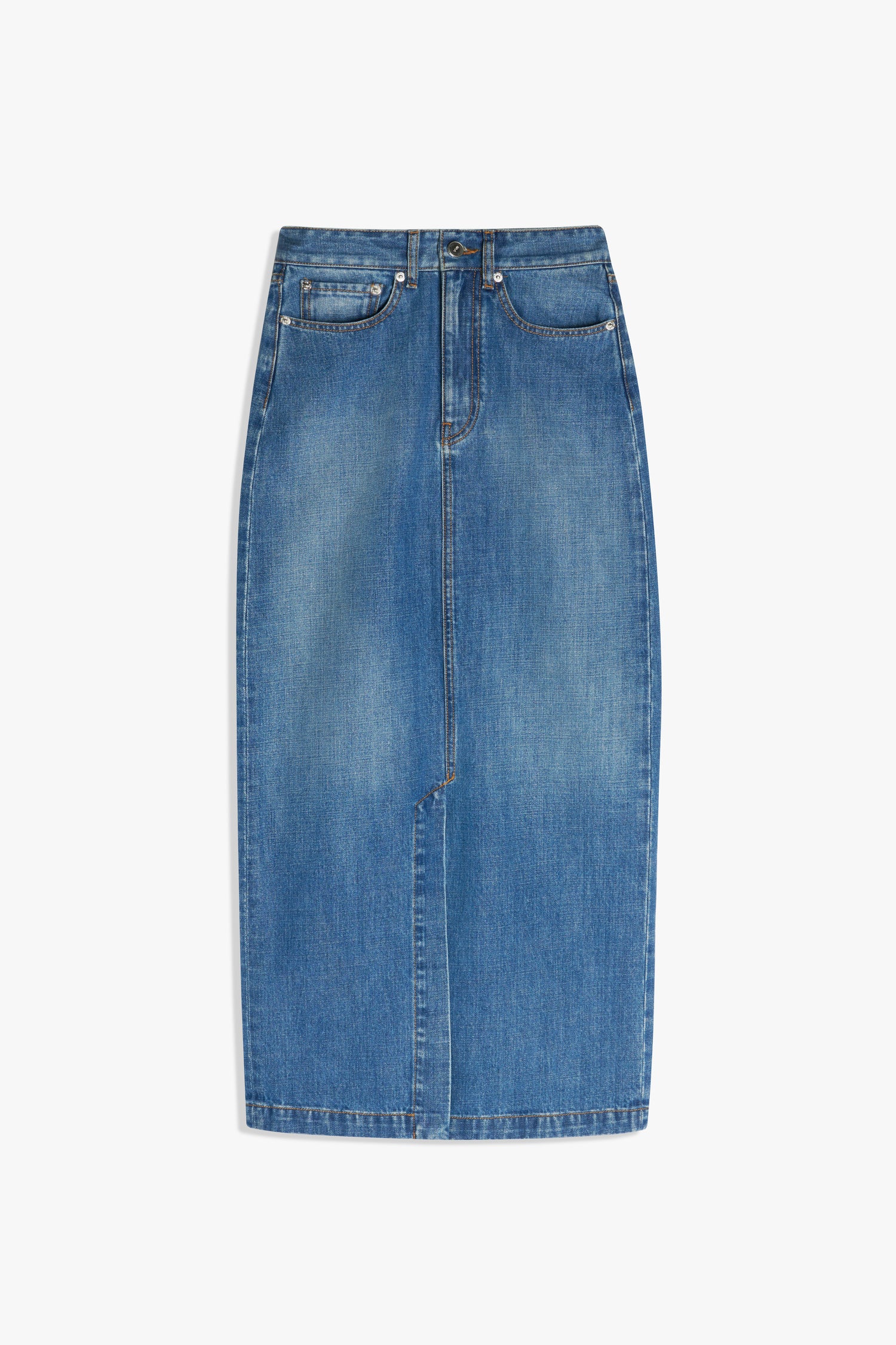 The Victoria Beckham Front Split Denim Midi Skirt in Fresh Blue features classic five-pocket styling and a front seam detail, making it perfect for transitioning from casual daytime looks to evening ensembles, shown laid flat on a white background.
