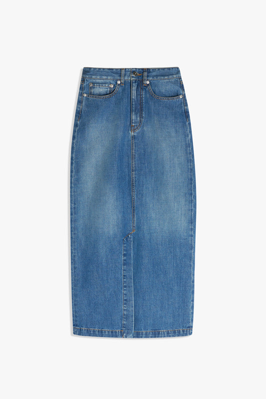 Front Split Denim Midi Skirt in Fresh Blue
