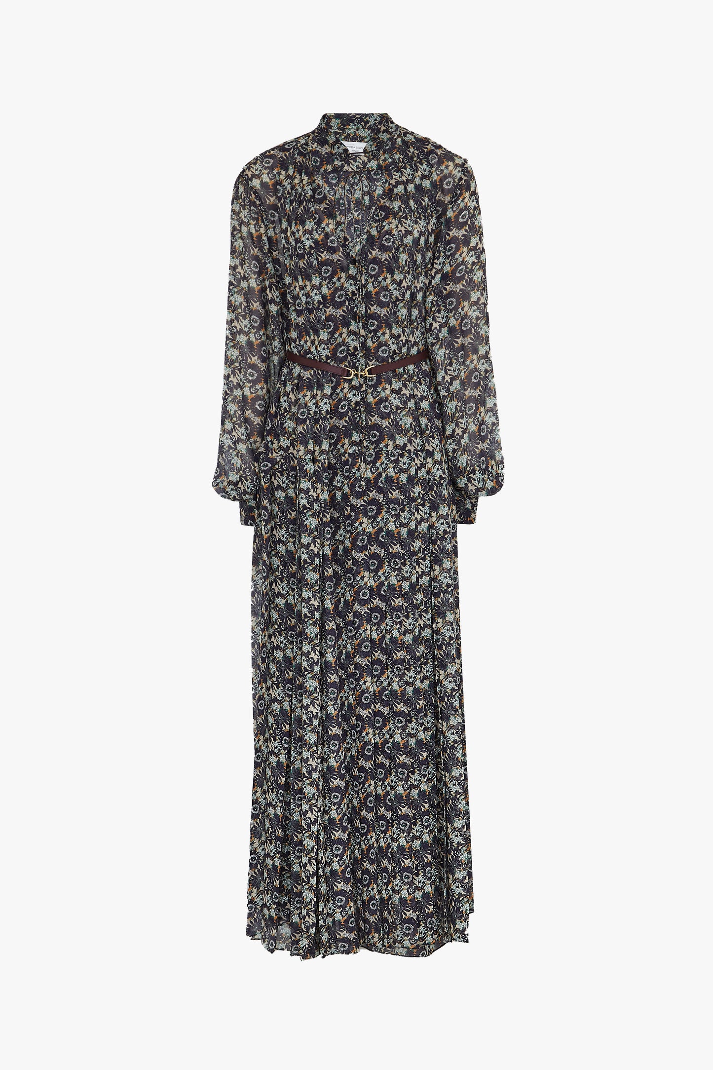 The Pleated Dress in Navy Floral Print by Victoria Beckham features a fitted waist and button-up front, enhanced with a floral motif on silk georgette.