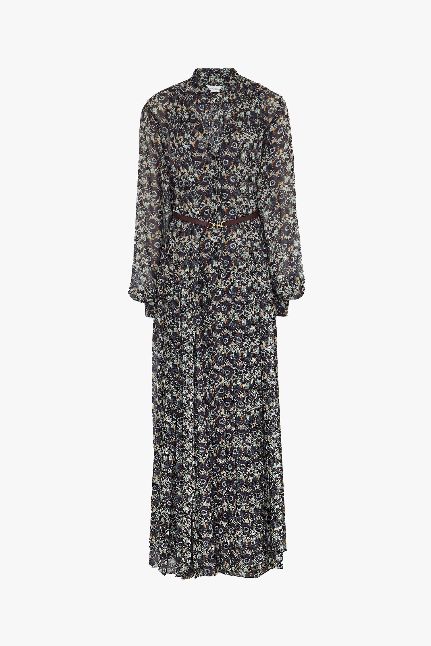 The Pleated Dress in Navy Floral Print by Victoria Beckham features a fitted waist and button-up front, enhanced with a floral motif on silk georgette.