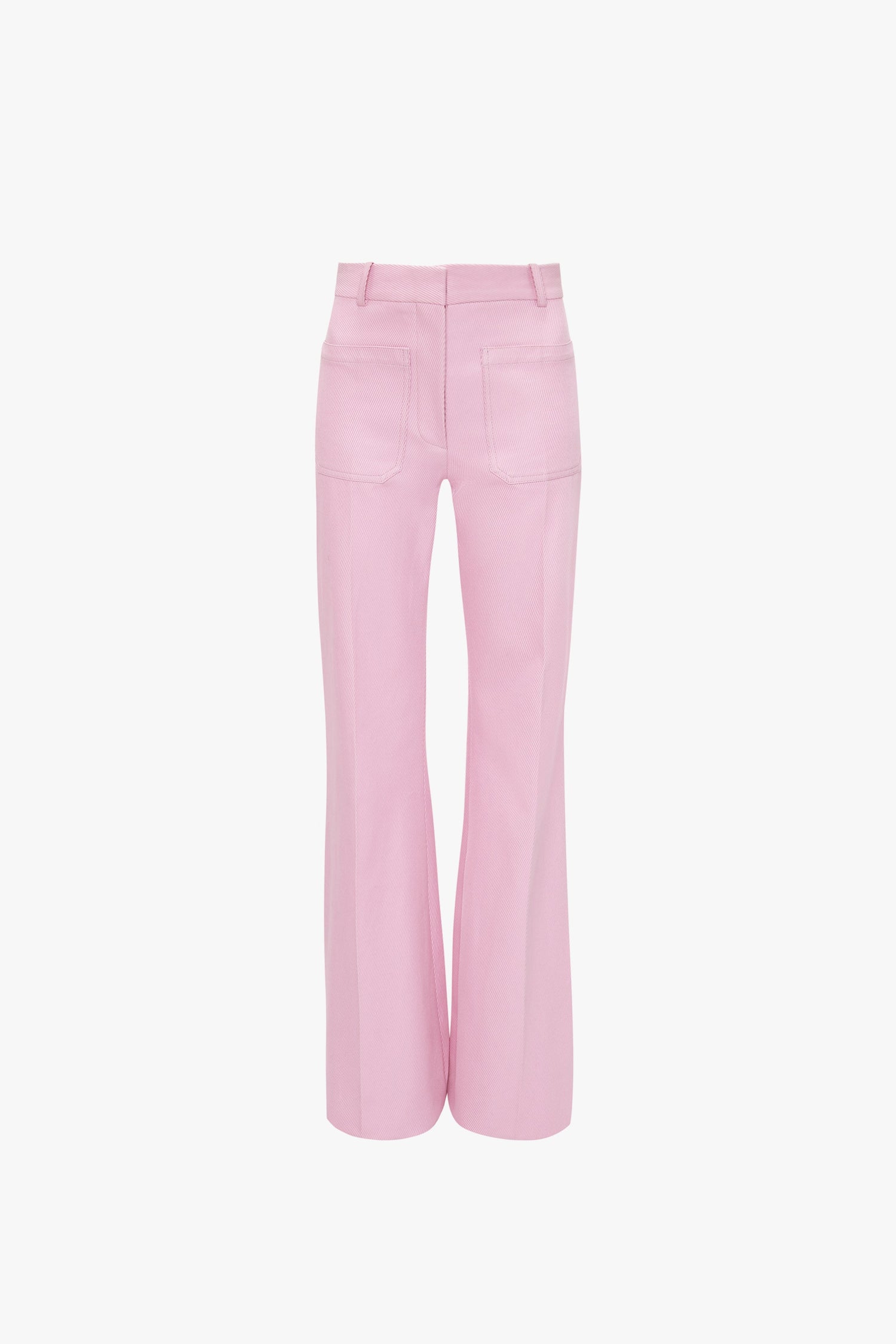 The Victoria Beckham Alina Tailored Trouser in Bubblegum boasts wide legs and front patch pockets, offering a chic 70s-inspired look against a plain white background.