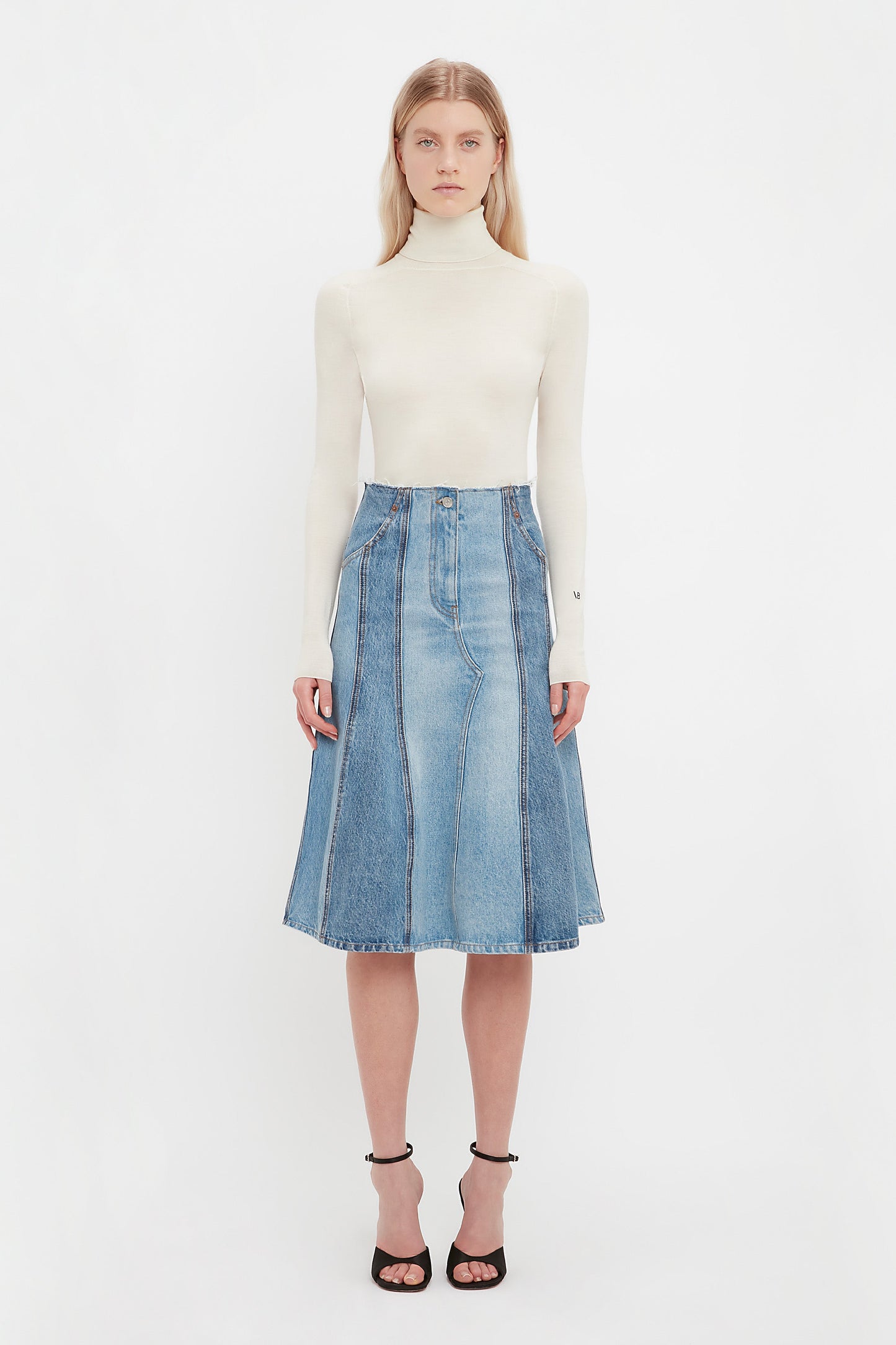 Deconstructed Denim Midi Skirt In Vintage Wash