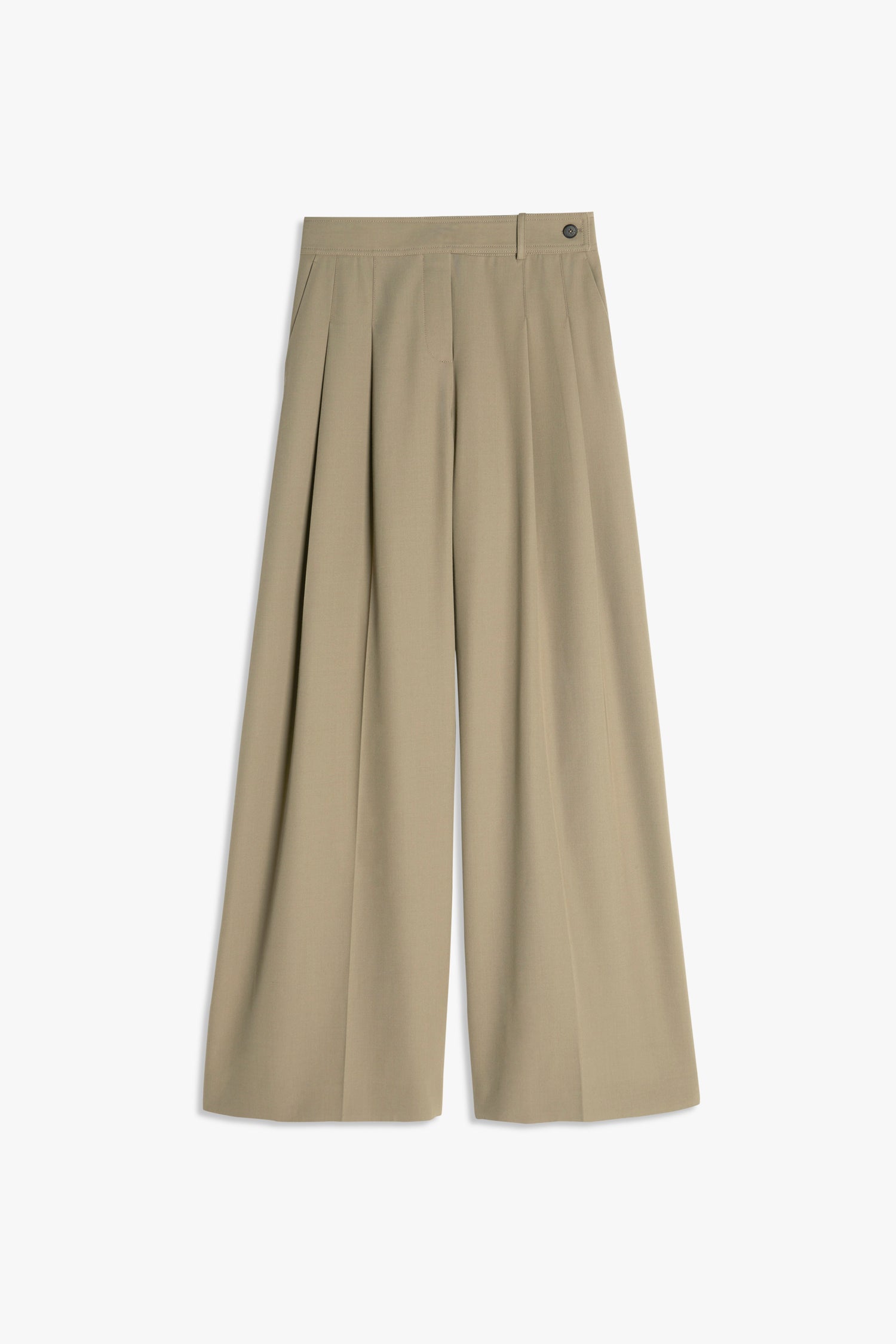 Victoria Beckham's Wide-leg Trousers in Clay feature a pleated front and button closure, crafted from wool gabardine and showcased against a white backdrop.