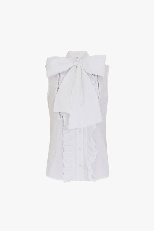 Sleeveless Bow-neck Shirt in White
