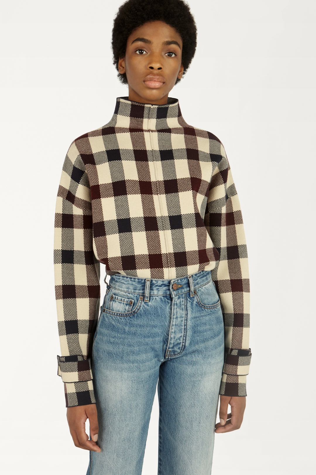 Cropped Funnel-neck Jumper in Multi check