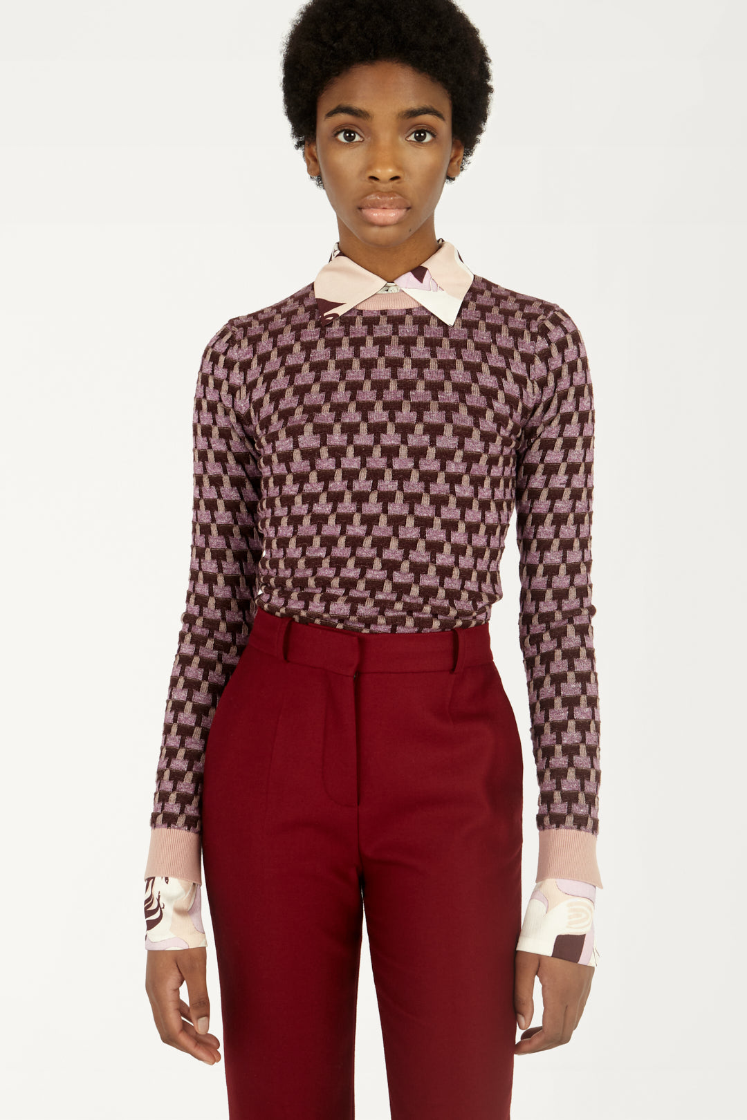 Slim-fit Crew Neck Jumper in Purple Check