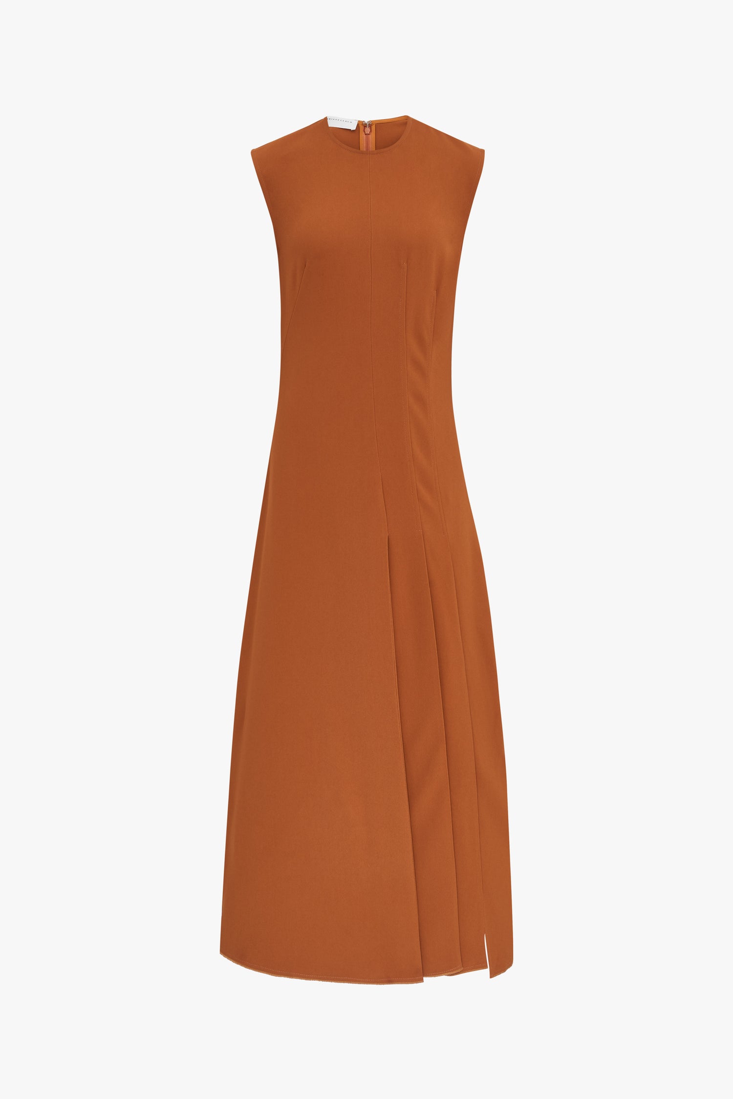 Victoria Beckham's Asymmetric Pleat Drape Dress in caramel is a sleeveless brown design with a fitted waist and pleated details, crafted from fluid cady fabric and displayed on a plain background.