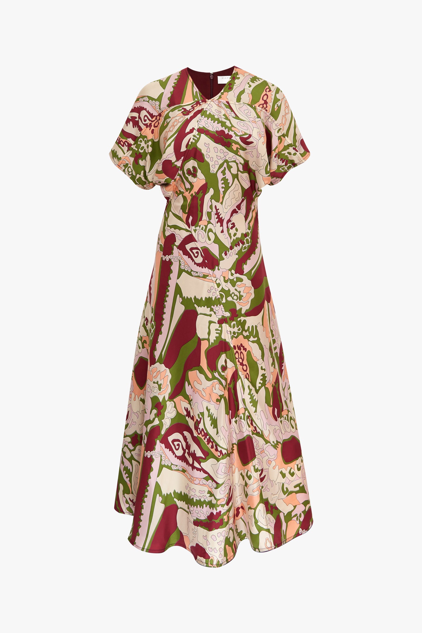 V-Neck Panelled Flare Dress in Abstract Print