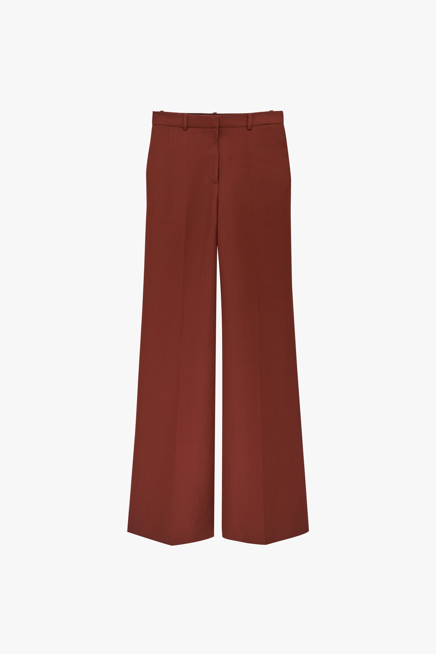 Brown high-waist wide-leg trousers from Victoria Beckham, featuring belt loops, a front zipper, and straight hems in luxurious wool-blend, against a plain background. Product: High Waisted Wide Leg Trousers in Chestnut.