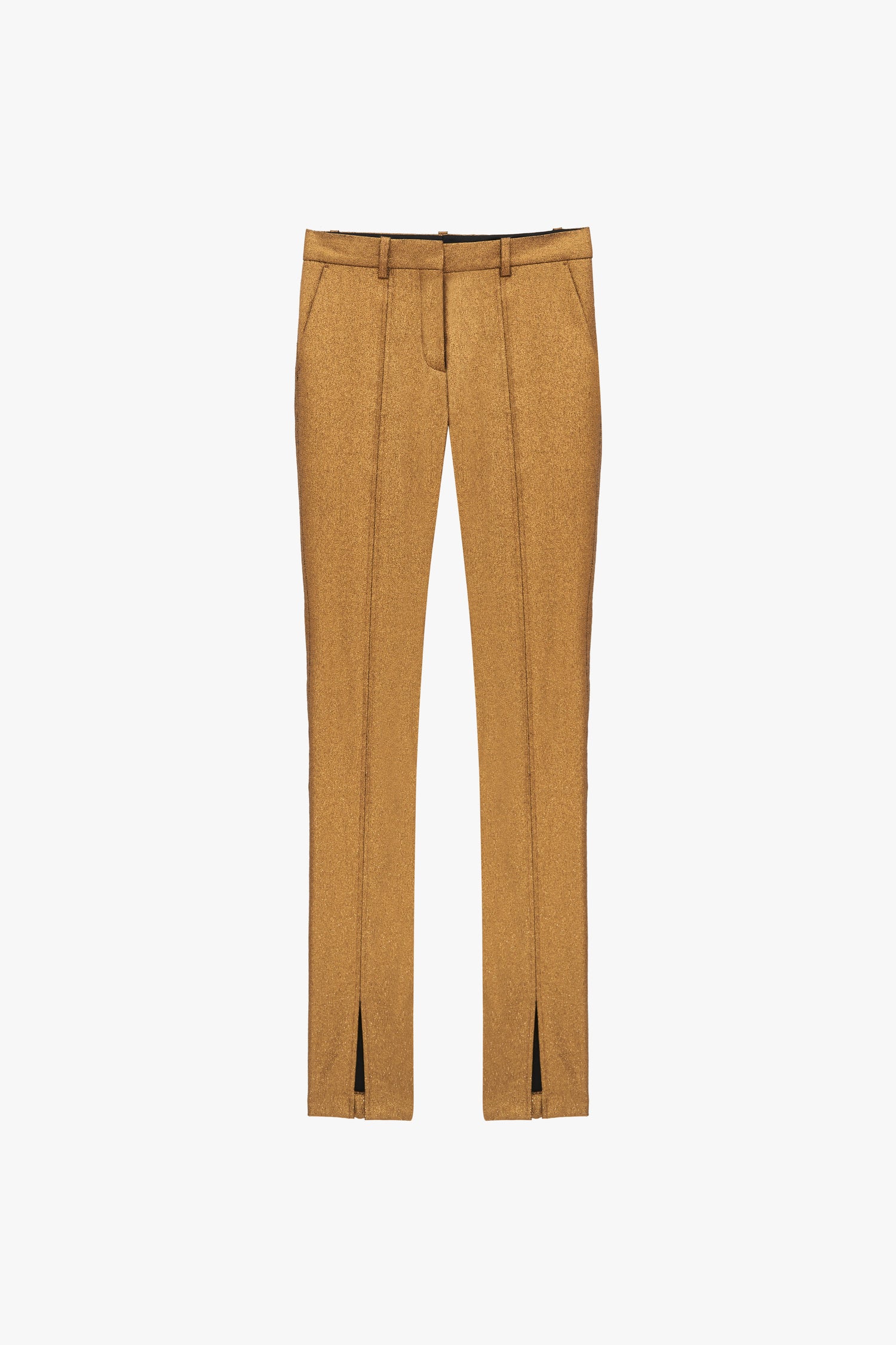 Victoria Beckham's Front Split Trousers in Gold feature a tailored skinny fit with subtle front creases, belt loops, and slight slits at the hem. Displayed on a plain white background.